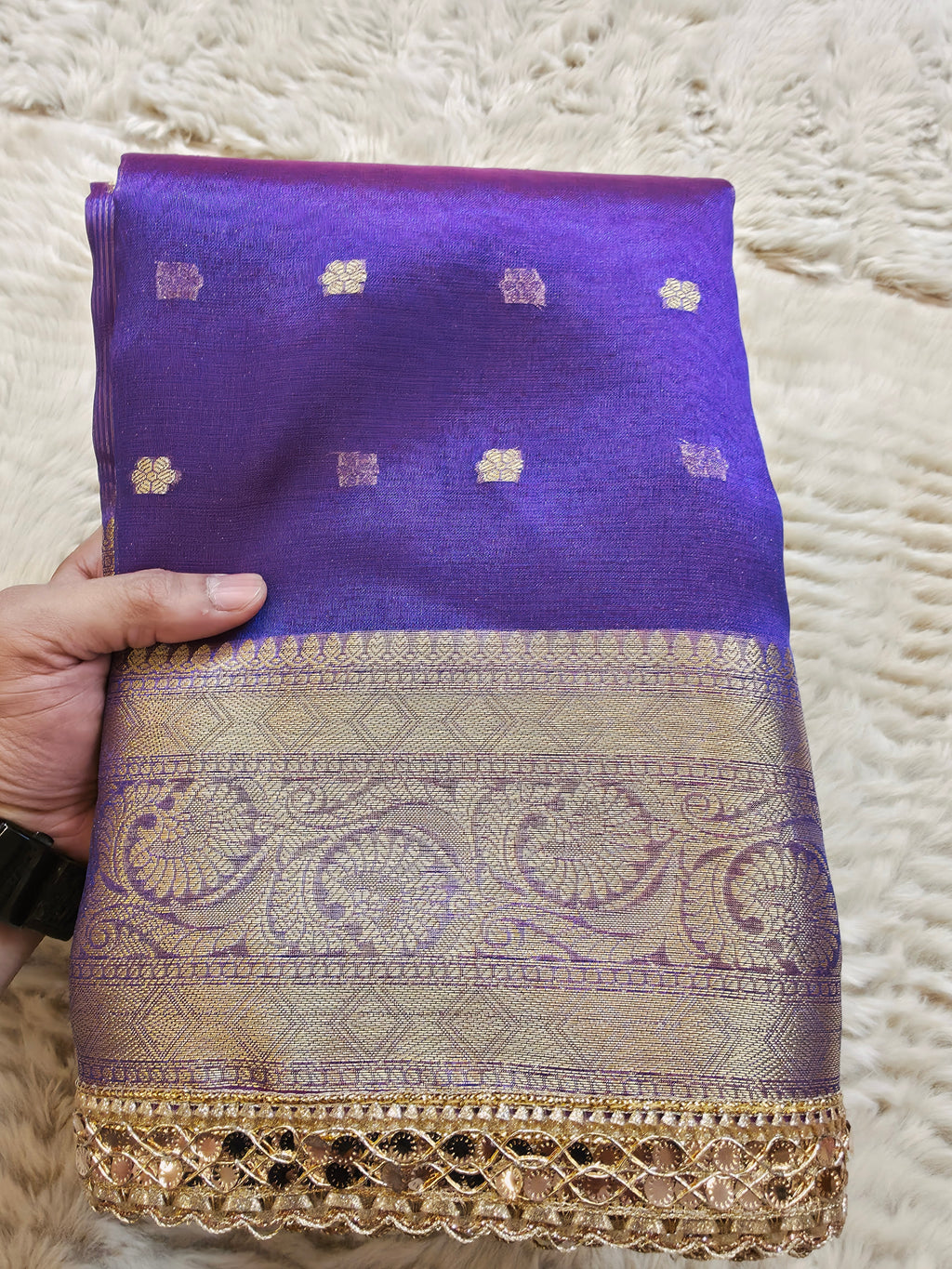 Banarasi Tissue Saree with All-Over Zari Buti & Lace Border