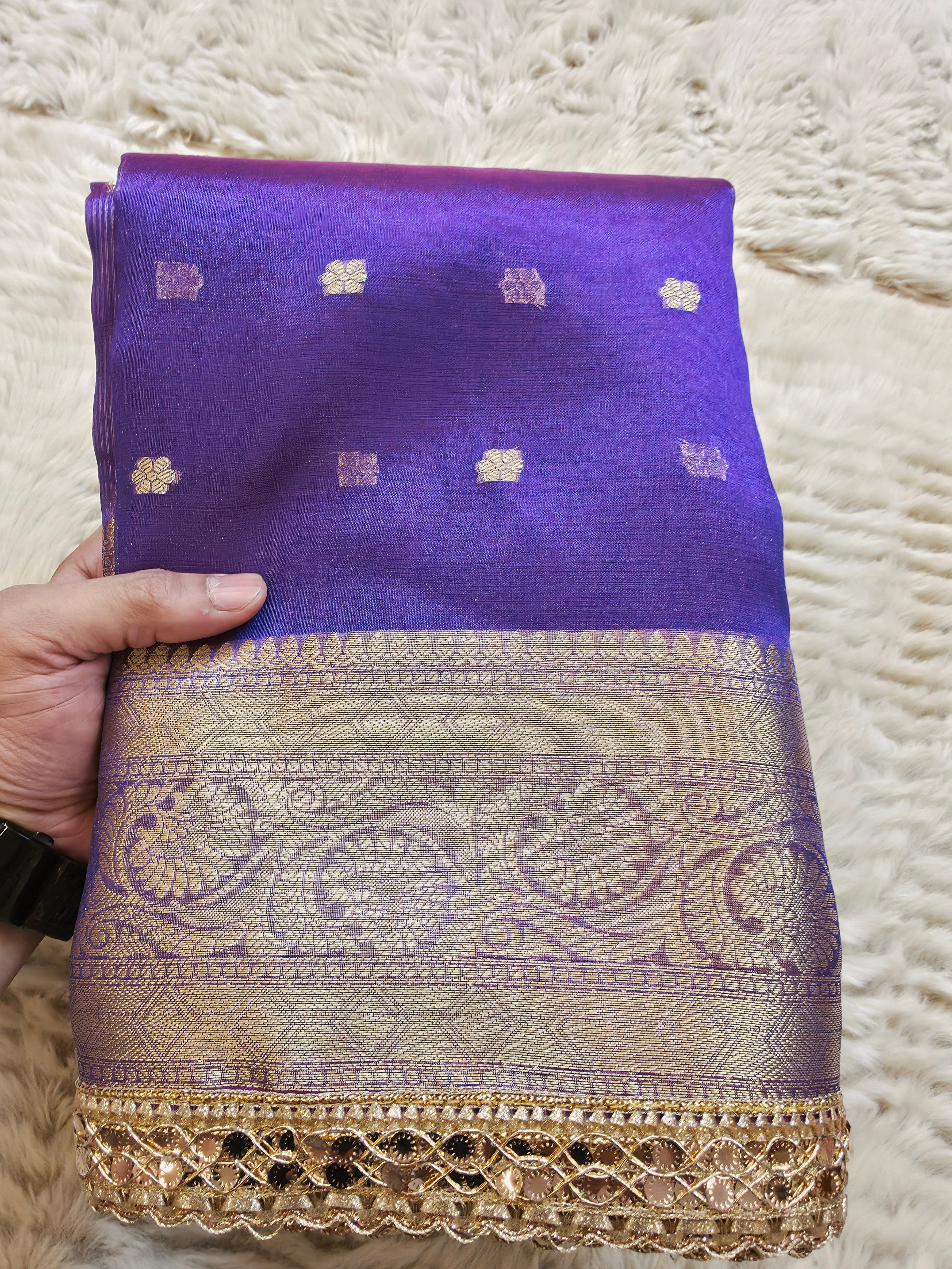 Banarasi Tissue Saree with All-Over Zari Buti & Lace Border