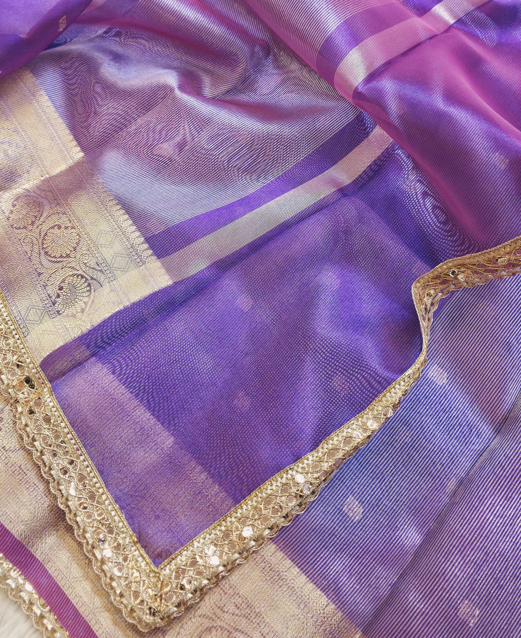 Banarasi Tissue Saree with All-Over Zari Buti & Lace Border