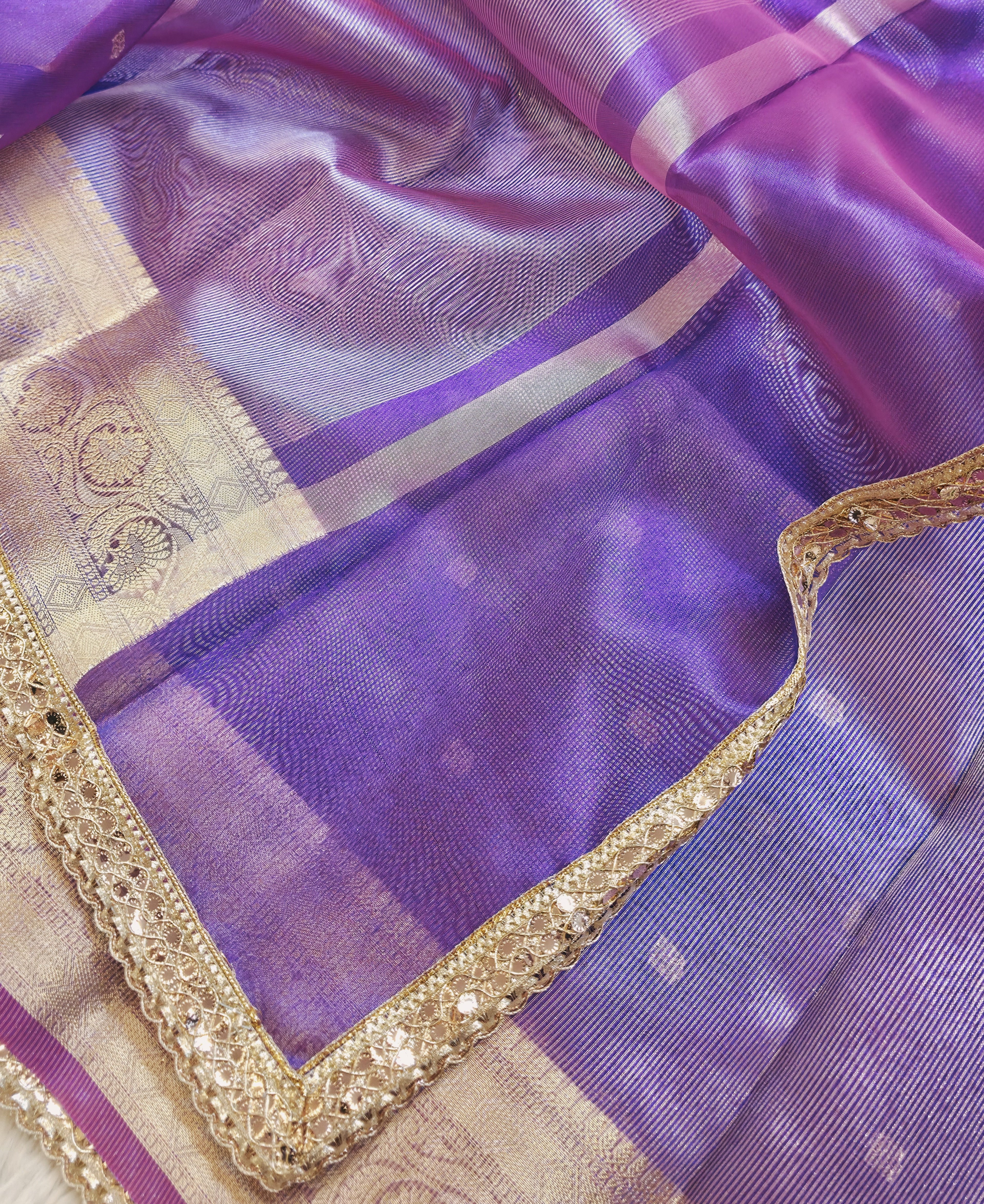 Banarasi Tissue Saree with All-Over Zari Buti & Lace Border