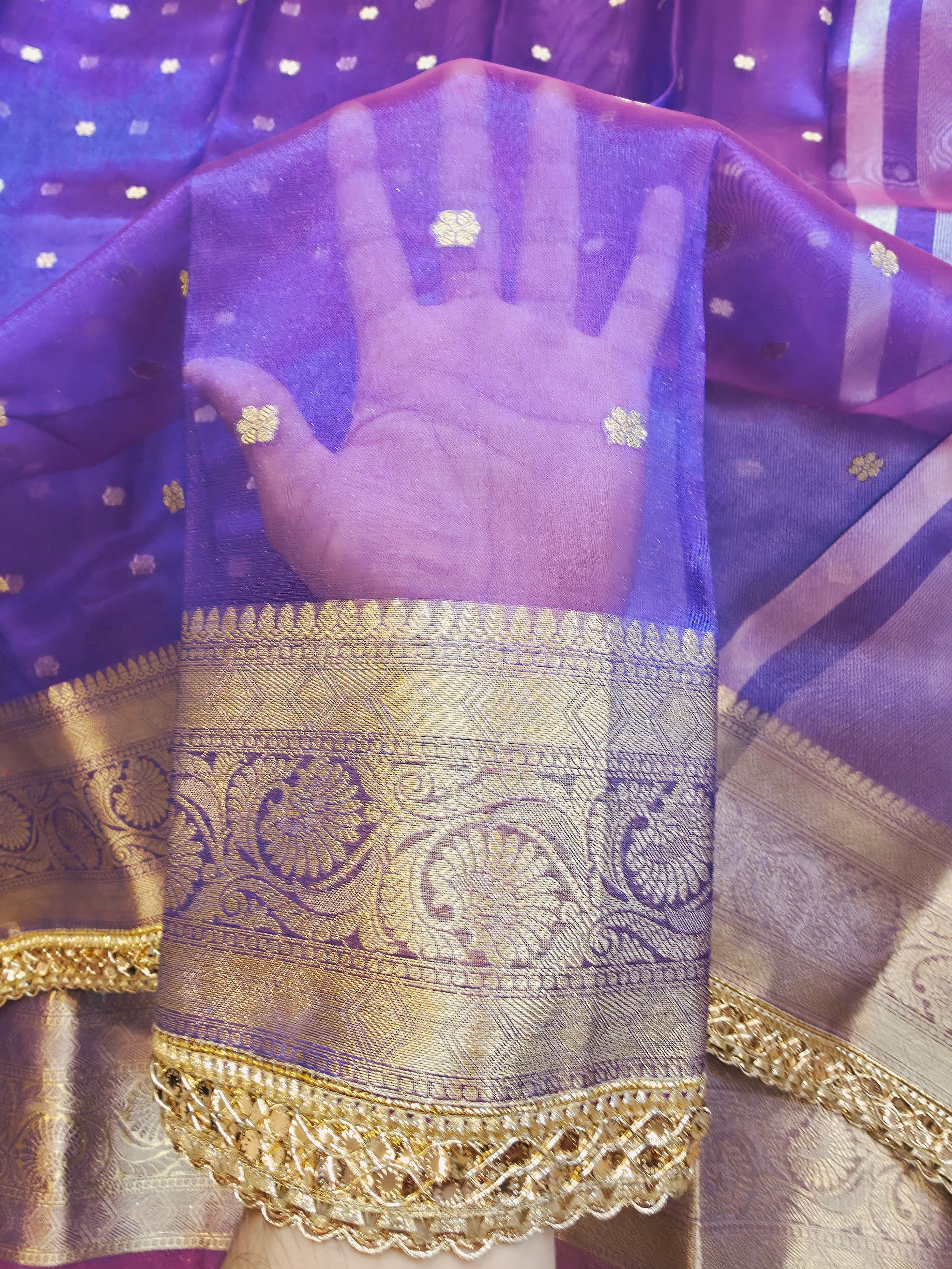 Banarasi Tissue Saree with All-Over Zari Buti & Lace Border