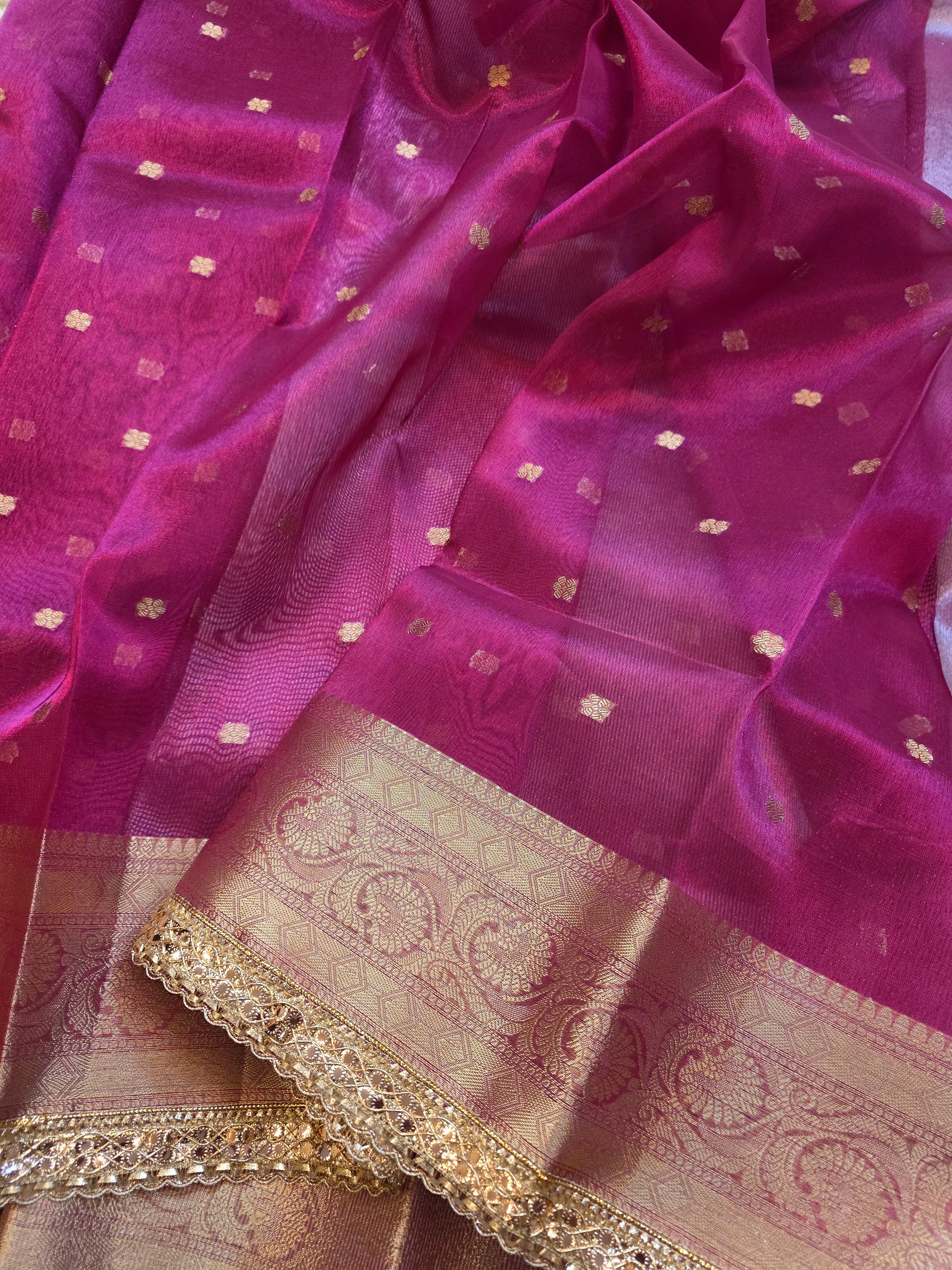Banarasi Tissue Saree with All-Over Zari Buti & Lace Border