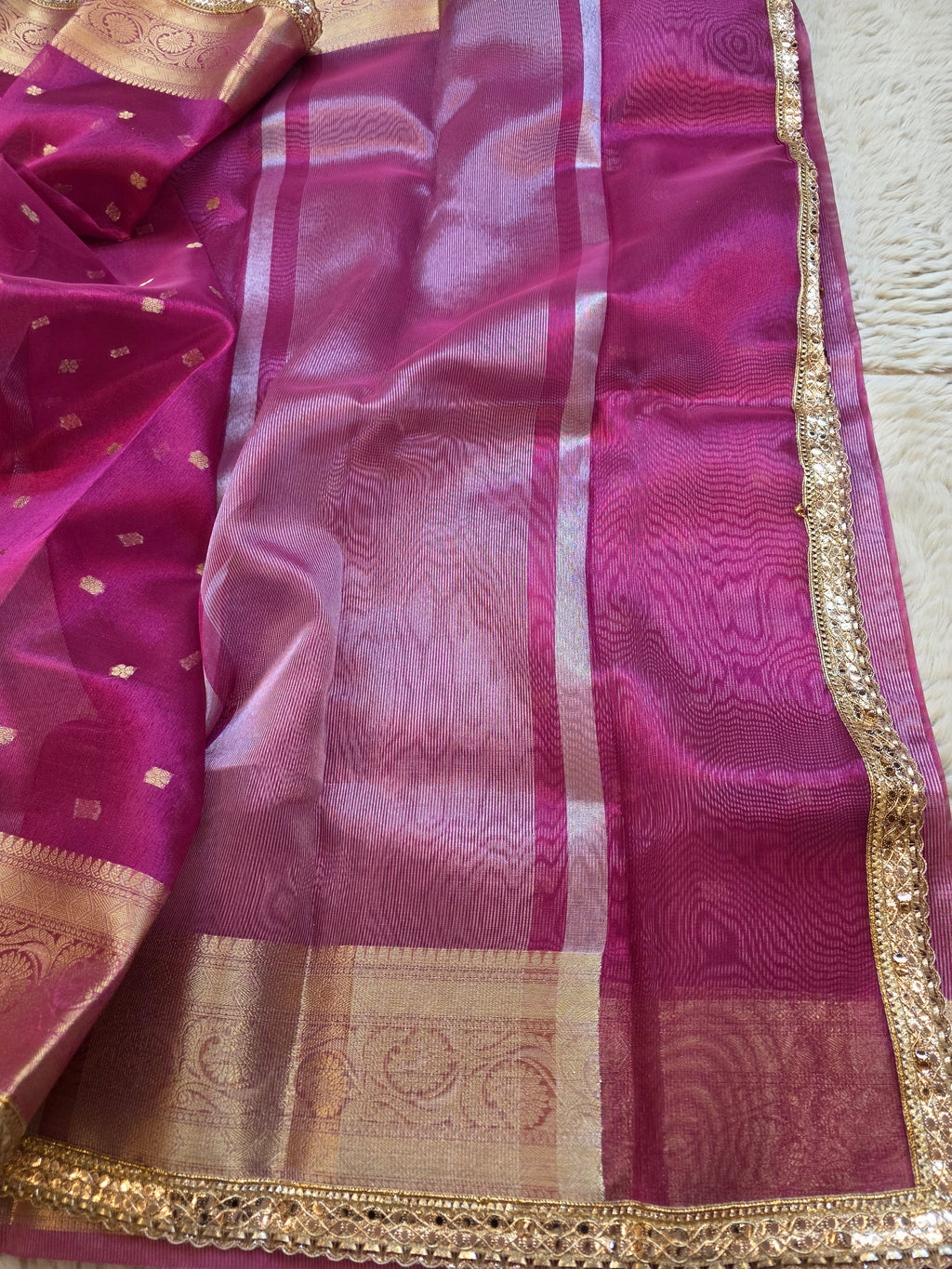 Banarasi Tissue Saree with All-Over Zari Buti & Lace Border