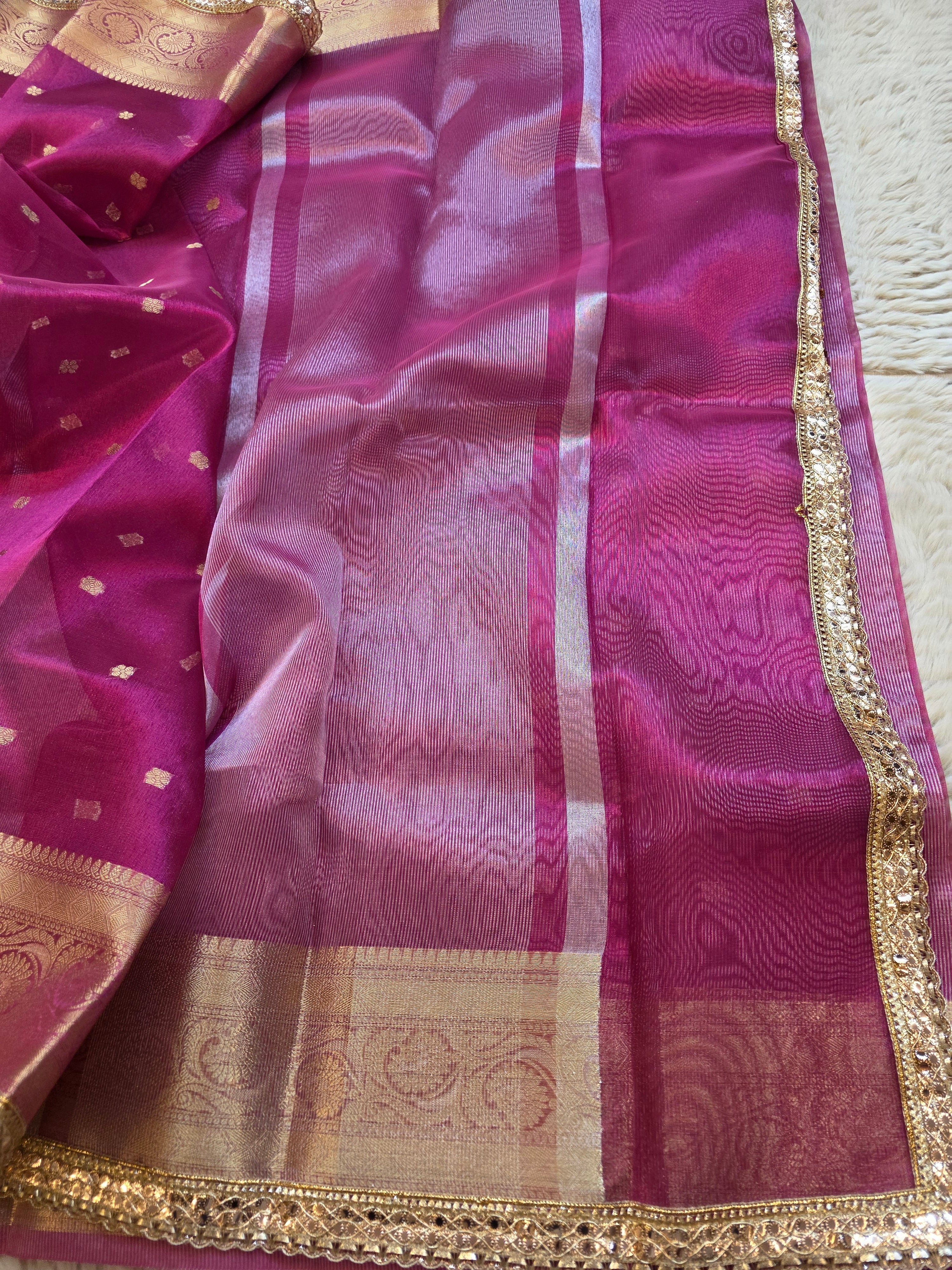 Banarasi Tissue Saree with All-Over Zari Buti & Lace Border