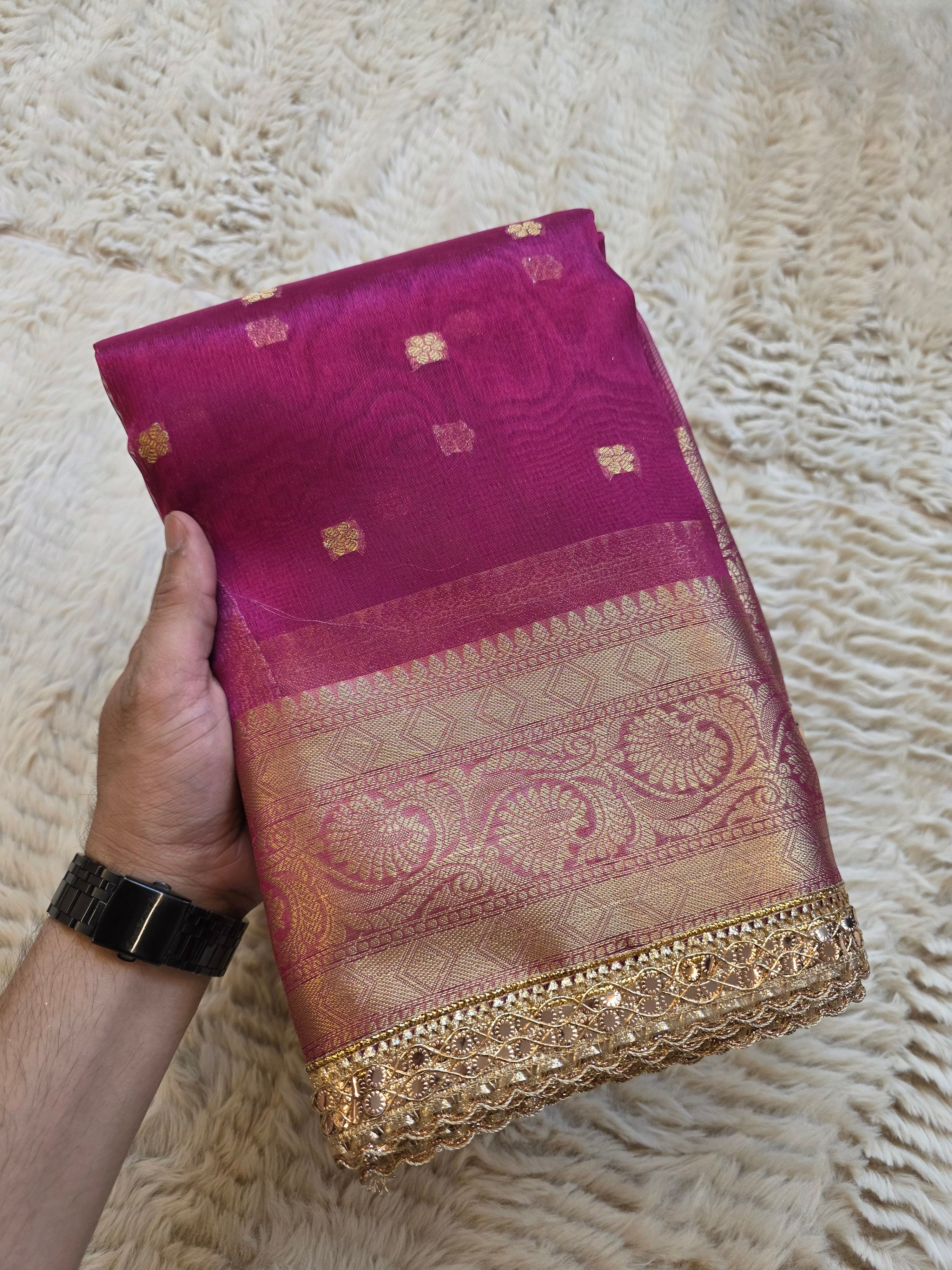 Banarasi Tissue Saree with All-Over Zari Buti & Lace Border