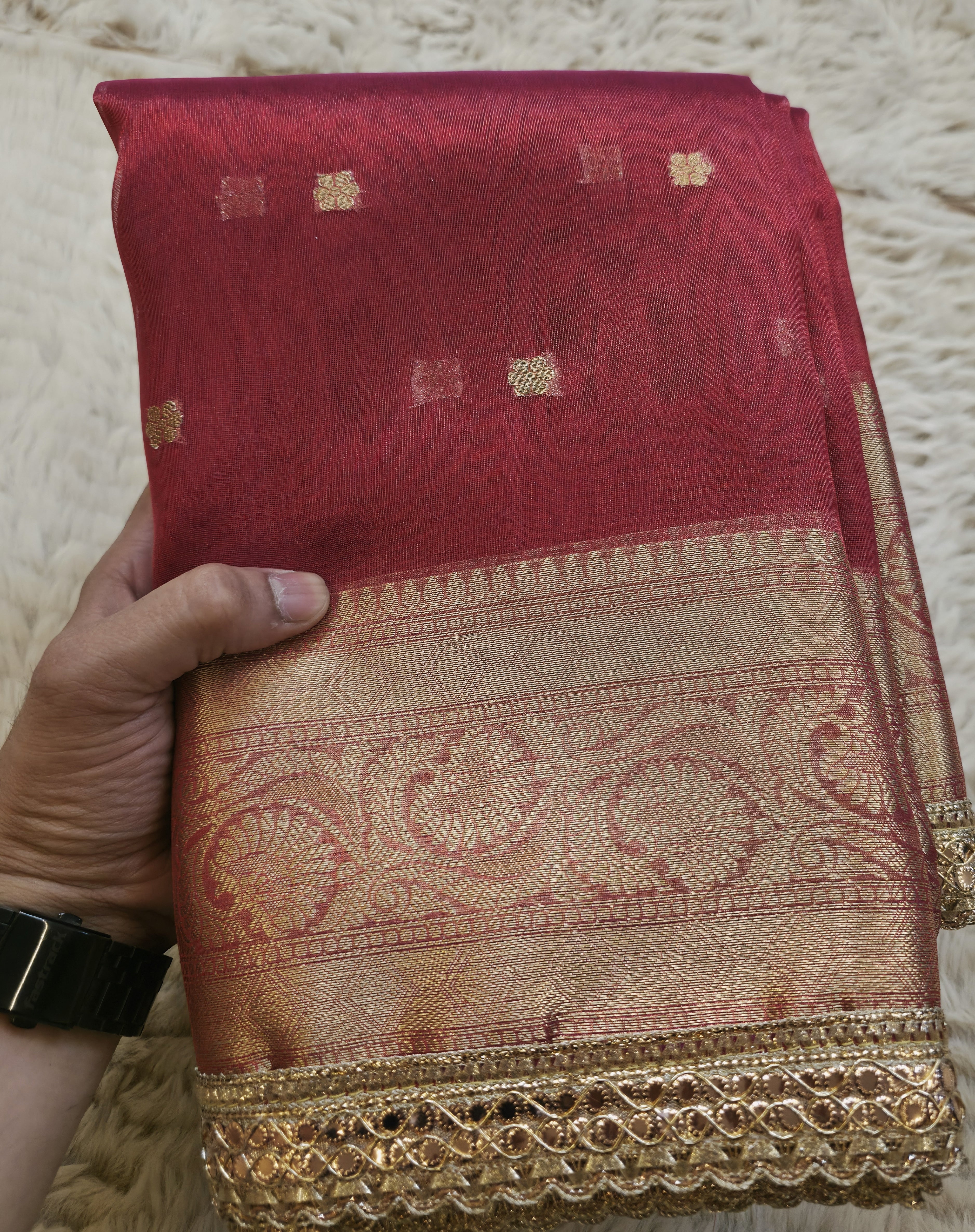 Banarasi Tissue Saree with All-Over Zari Buti & Lace Border