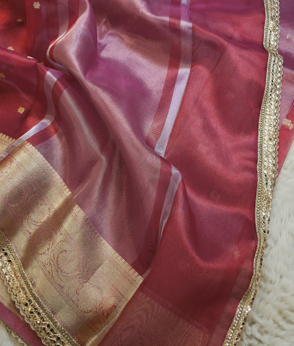 Banarasi Tissue Saree with All-Over Zari Buti & Lace Border