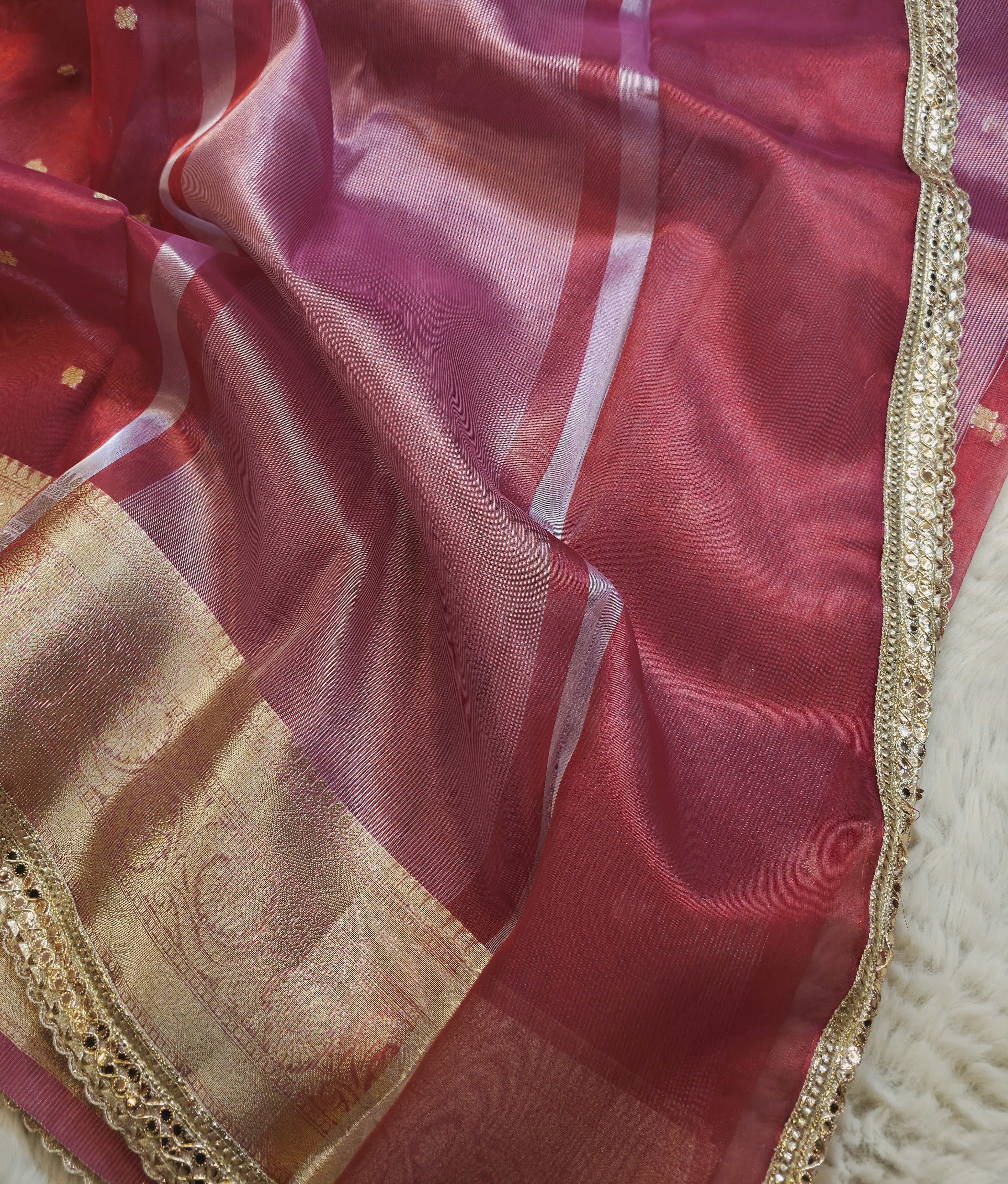 Banarasi Tissue Saree with All-Over Zari Buti & Lace Border
