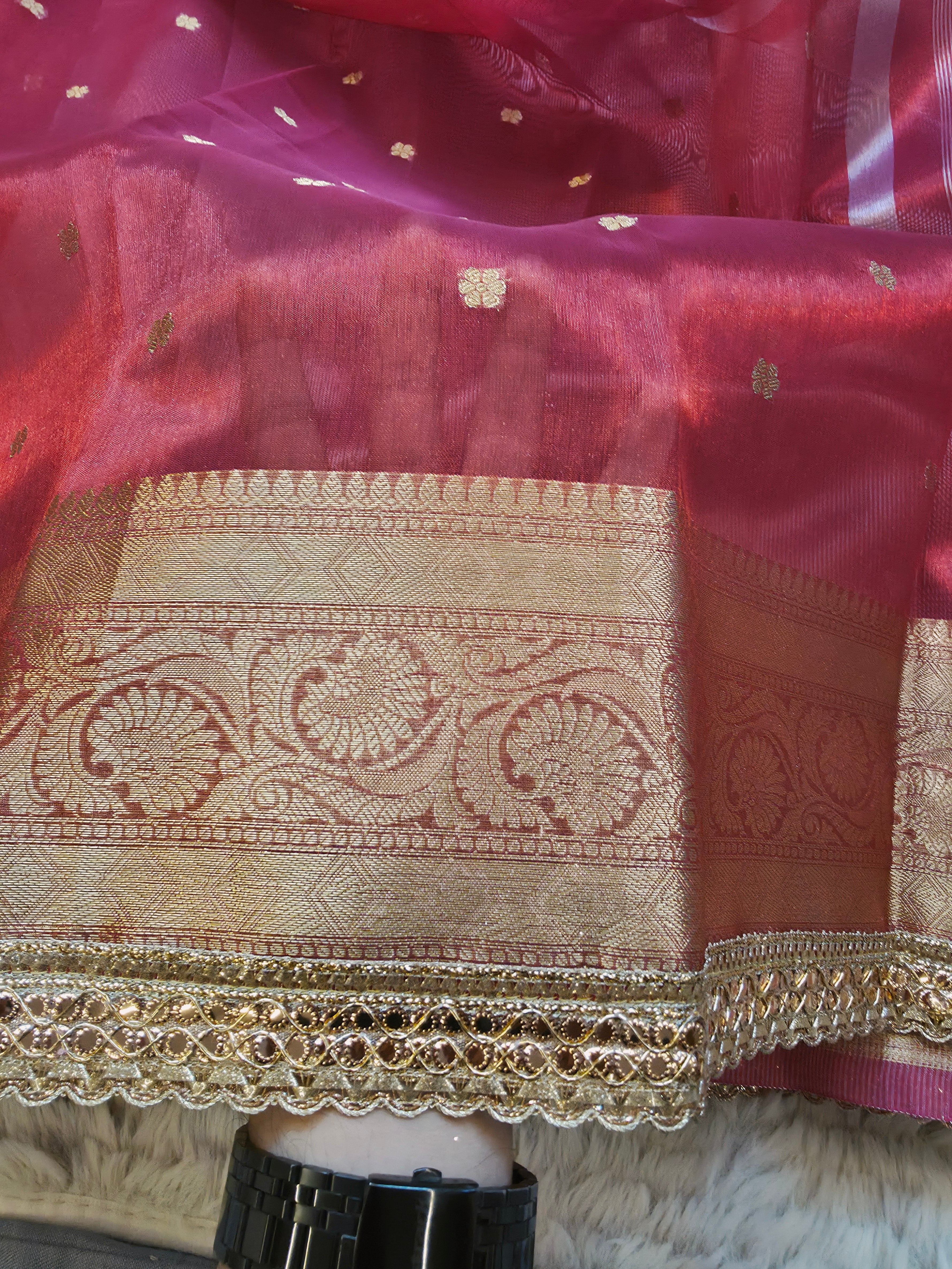 Banarasi Tissue Saree with All-Over Zari Buti & Lace Border