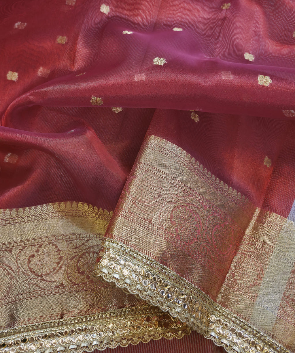 Banarasi Tissue Saree with All-Over Zari Buti & Lace Border