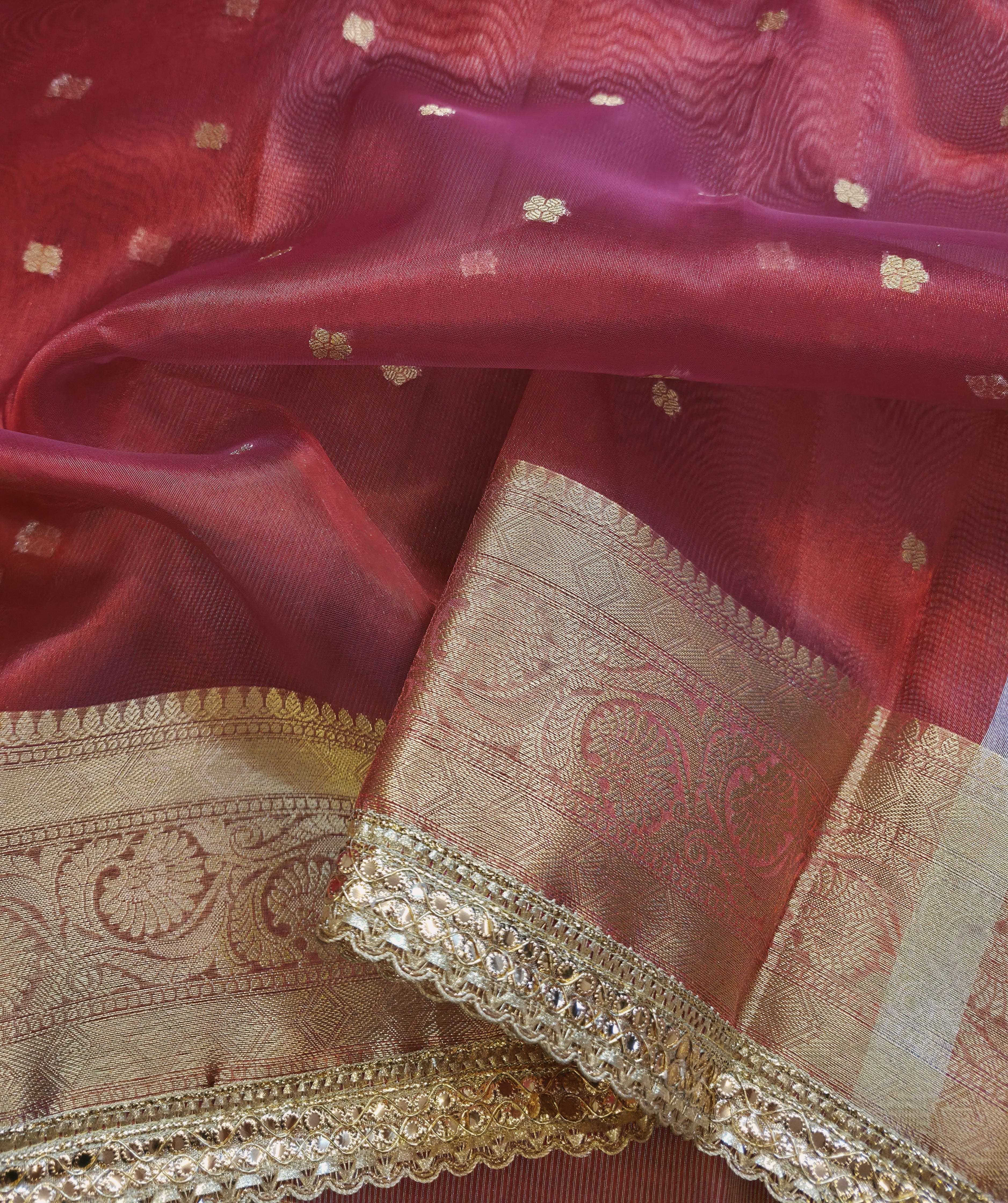 Banarasi Tissue Saree with All-Over Zari Buti & Lace Border