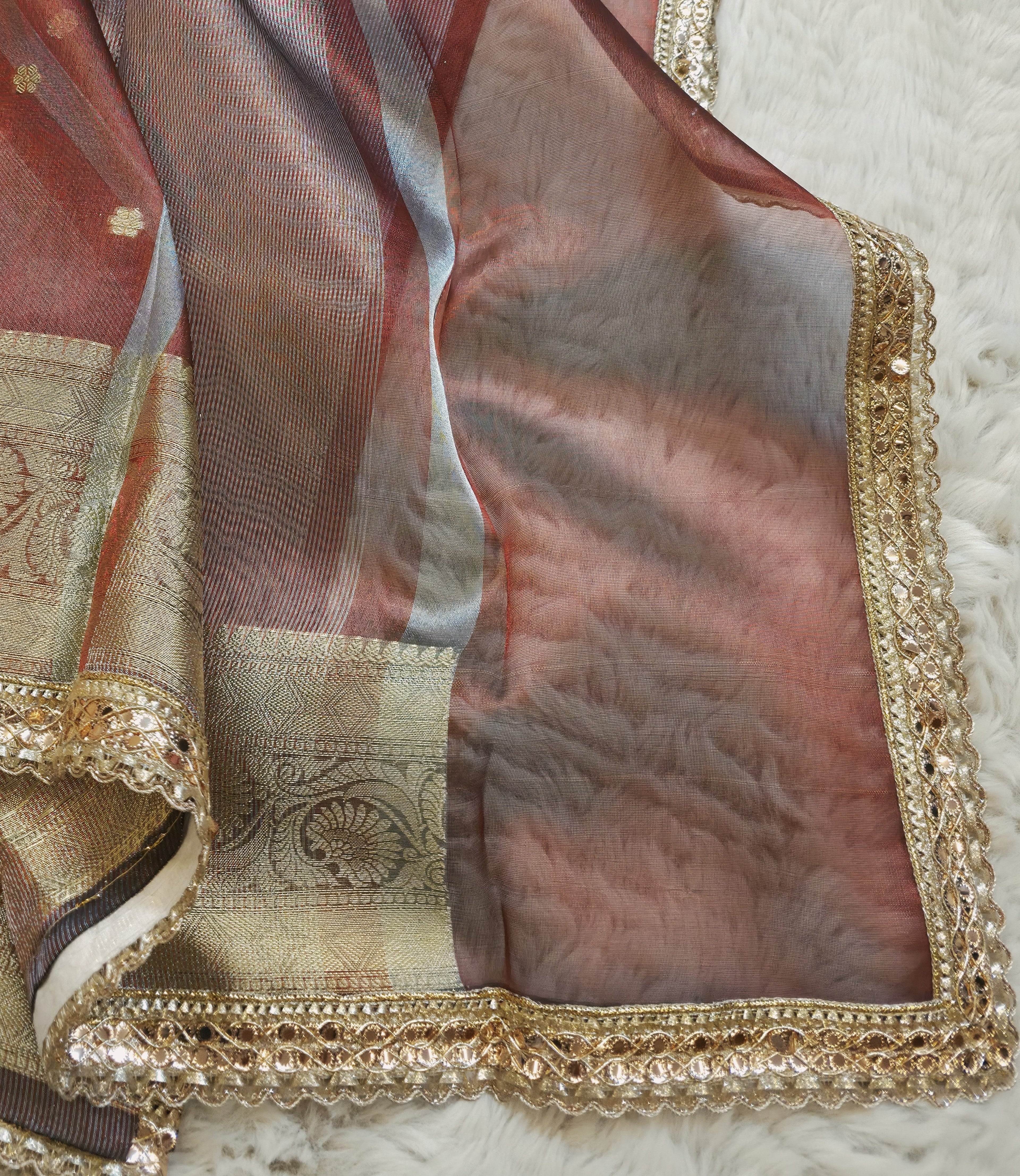 Banarasi Tissue Saree with All-Over Zari Buti & Lace Border
