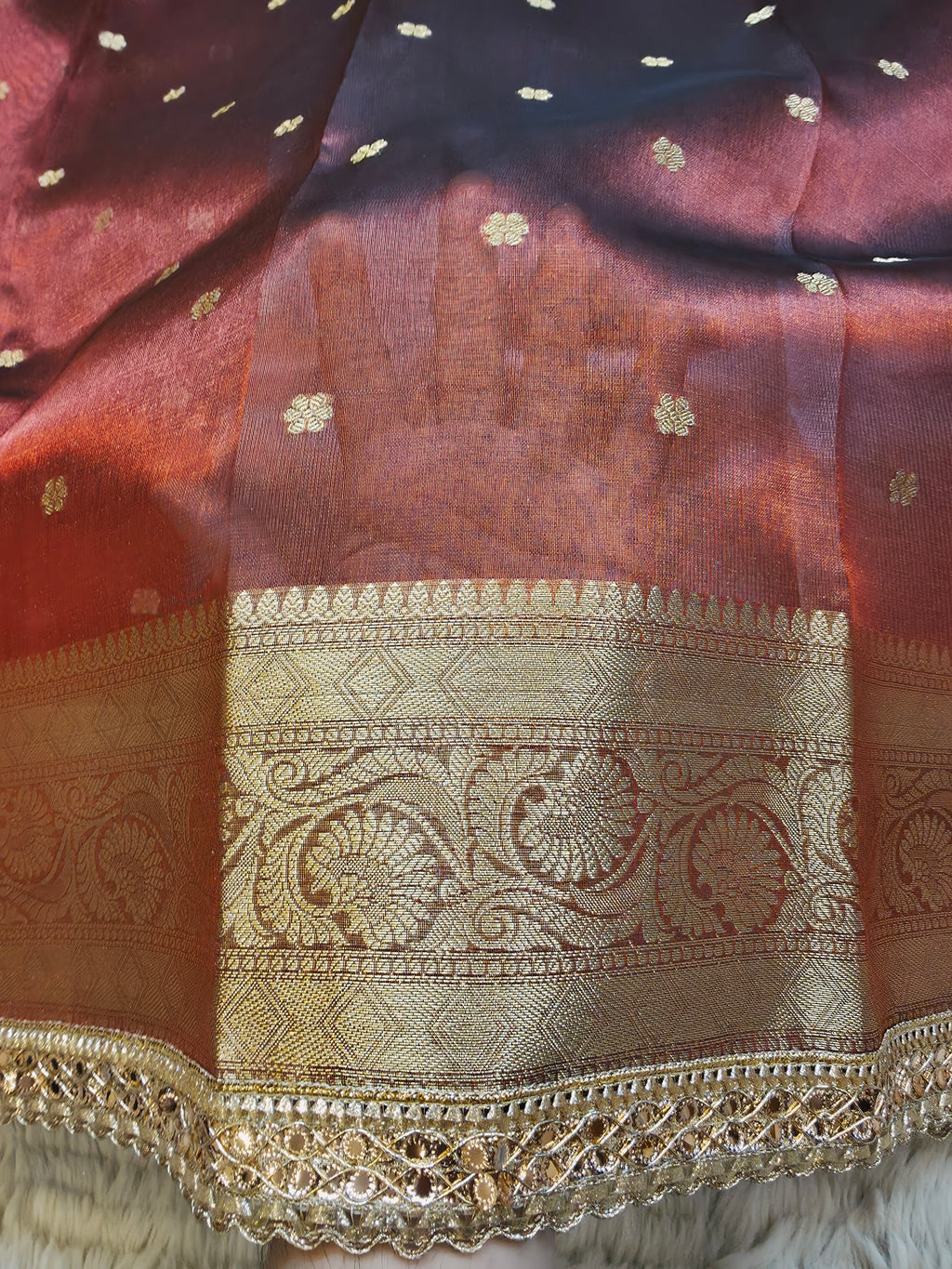 Banarasi Tissue Saree with All-Over Zari Buti & Lace Border