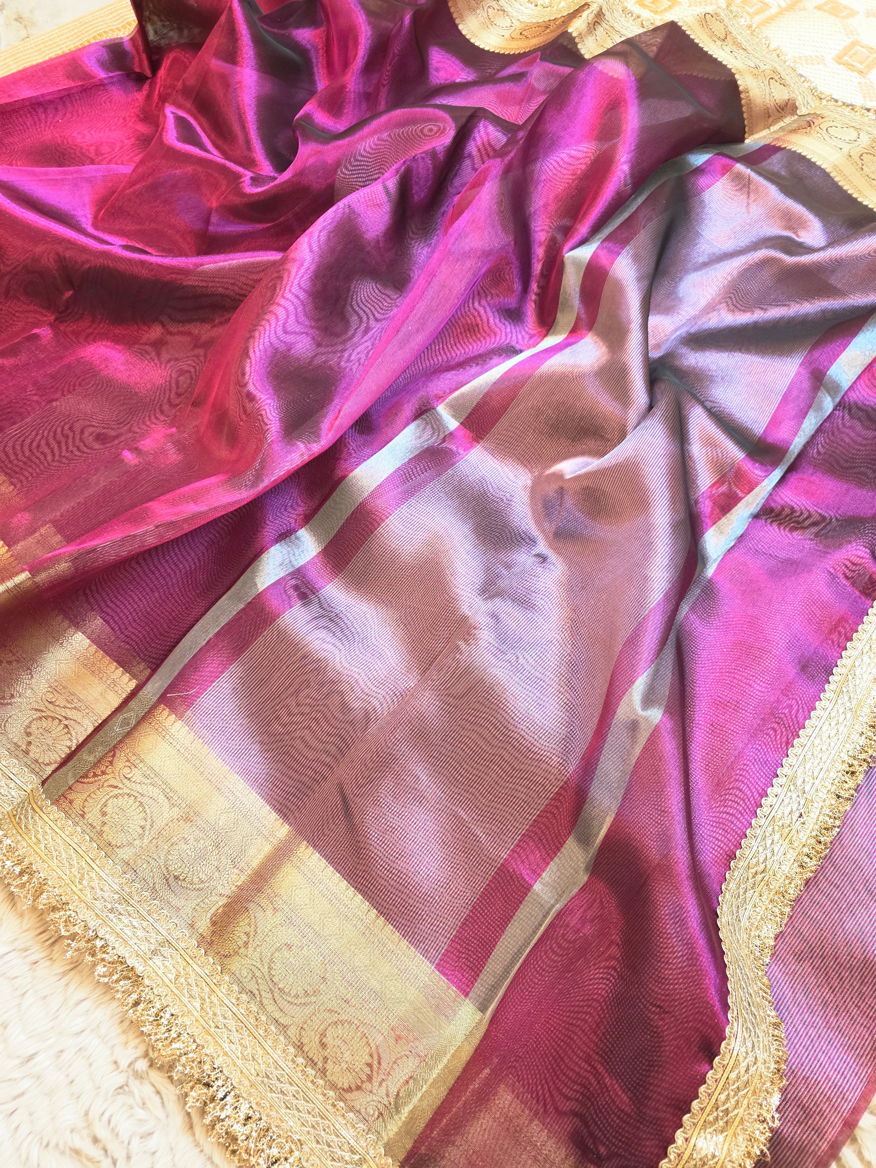 Banarasi Tissue Saree having Plain Body & Lace Border
