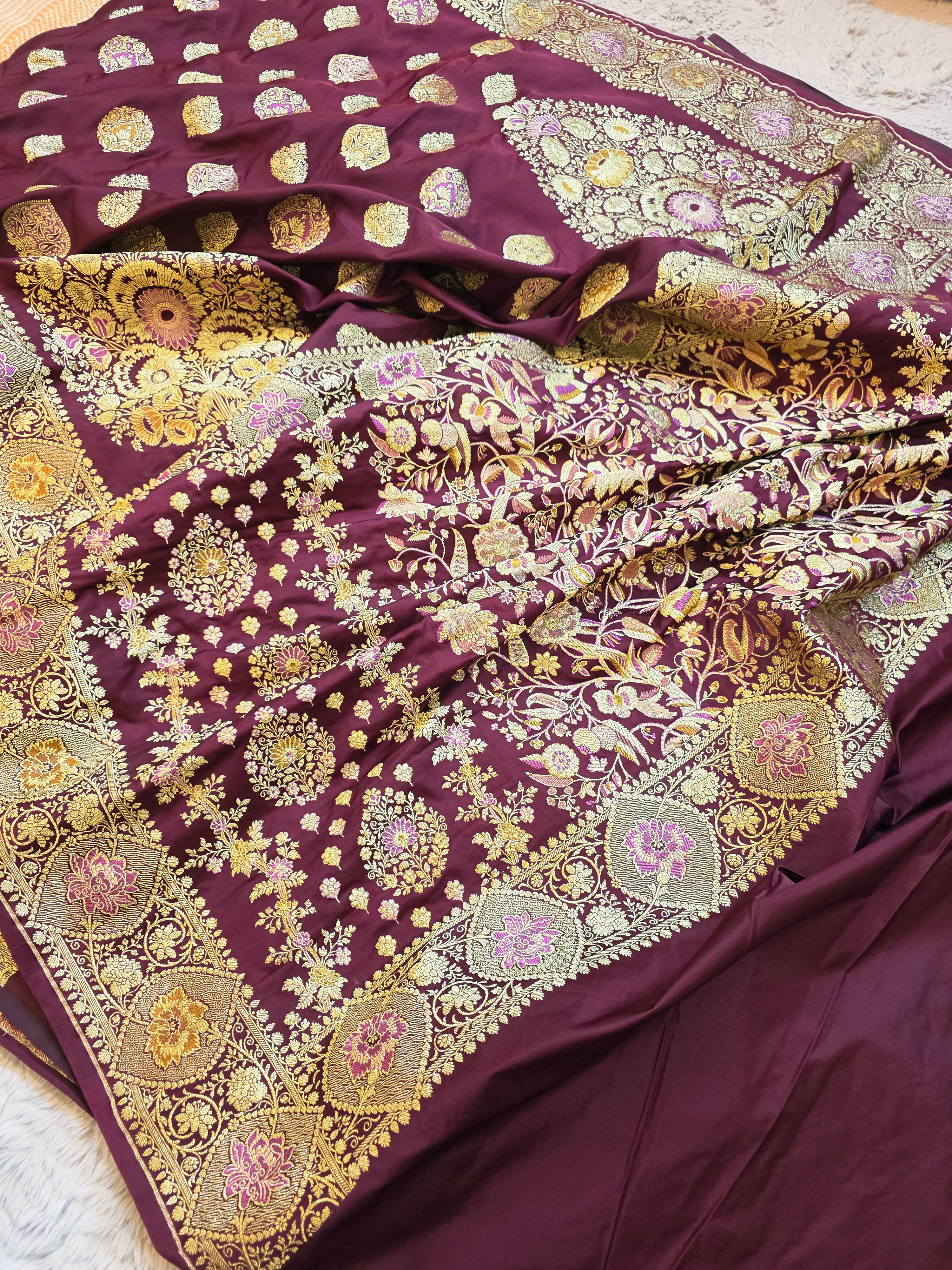 Wine Purple Banarasi Mashru Katan Silk Saree – Bridal Zari Weave