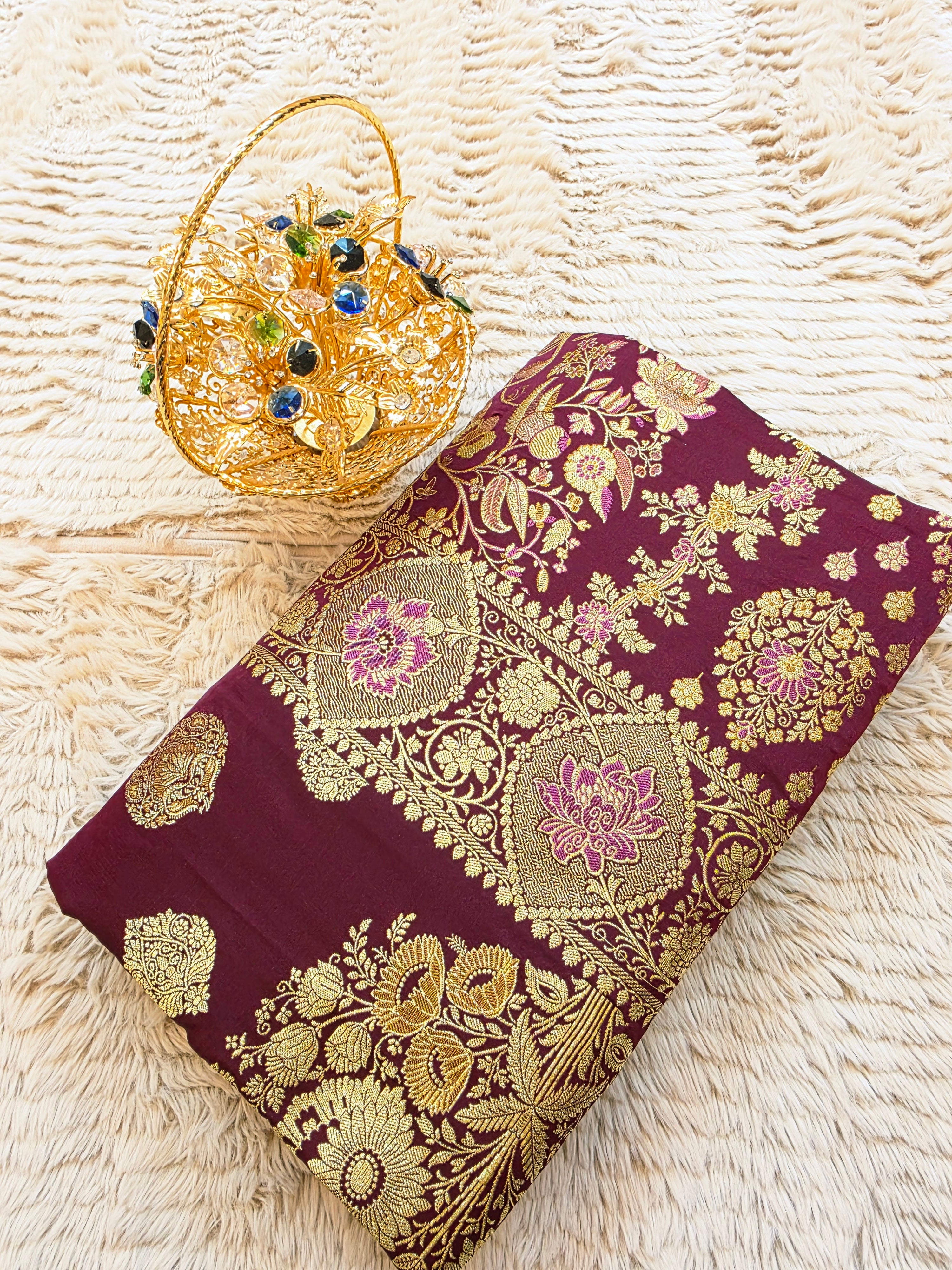 Wine Purple Banarasi Mashru Katan Silk Saree – Bridal Zari Weave