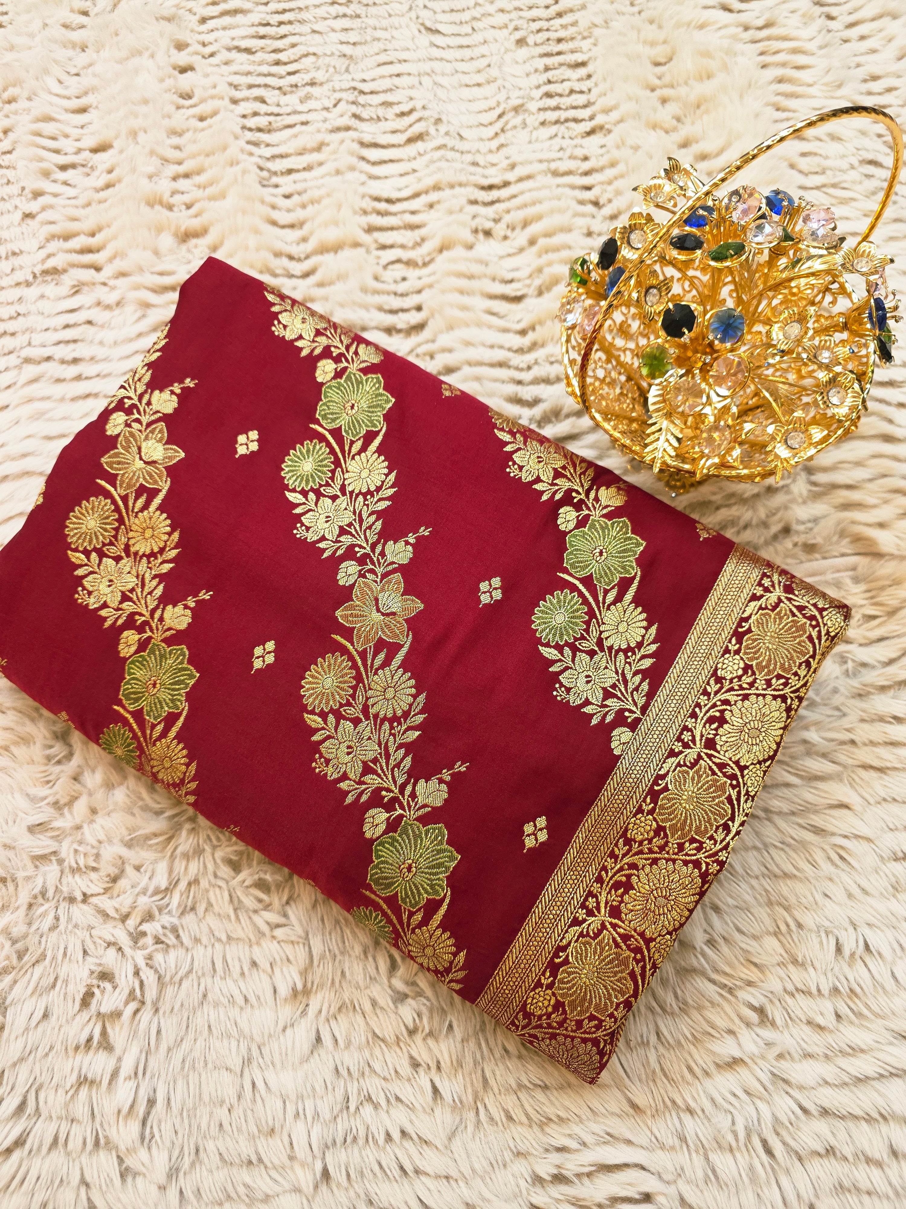 Maroon Banarasi Mashru Katan Silk Saree – Bridal Zari Weave