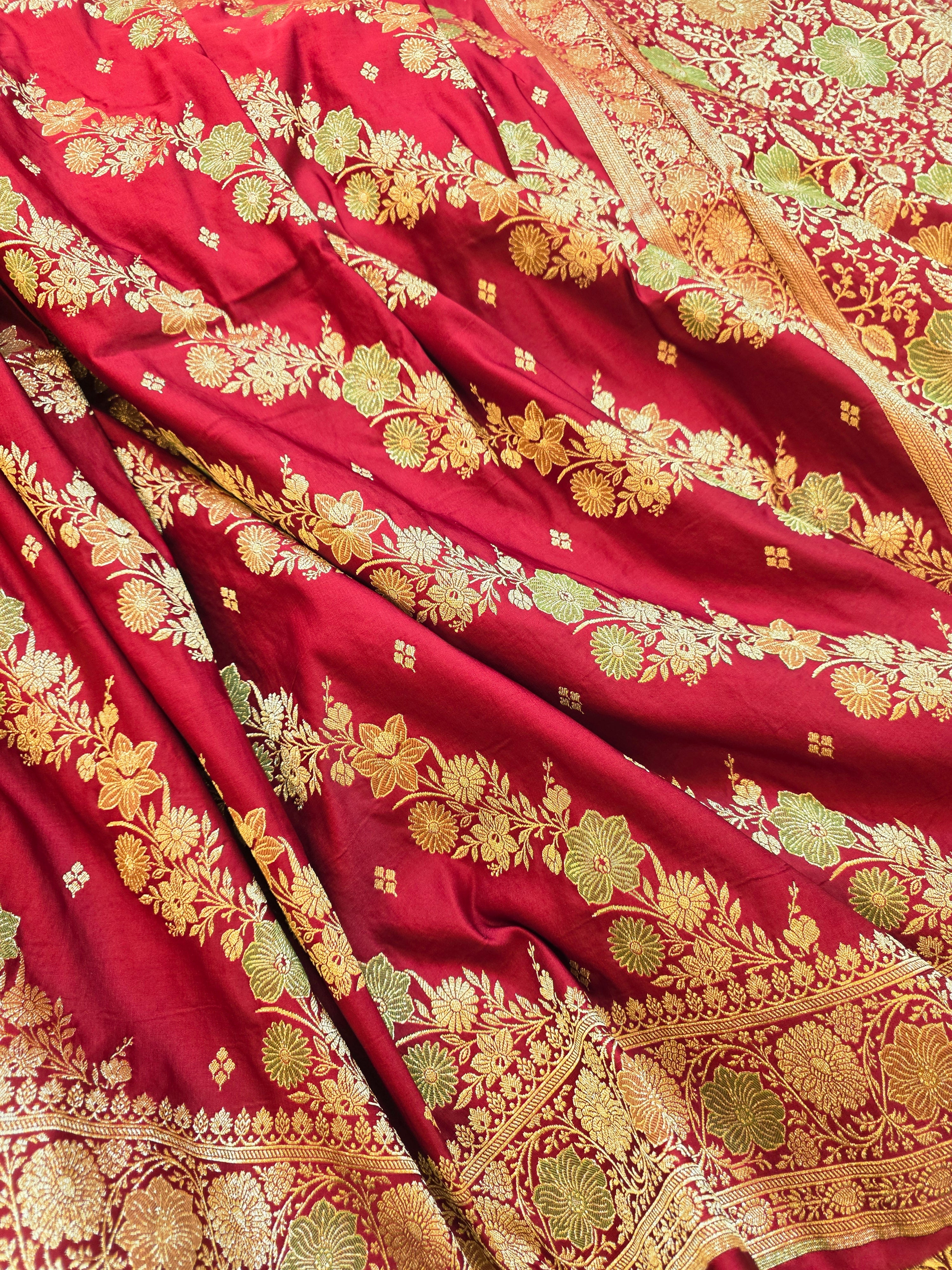 Maroon Banarasi Mashru Katan Silk Saree – Bridal Zari Weave