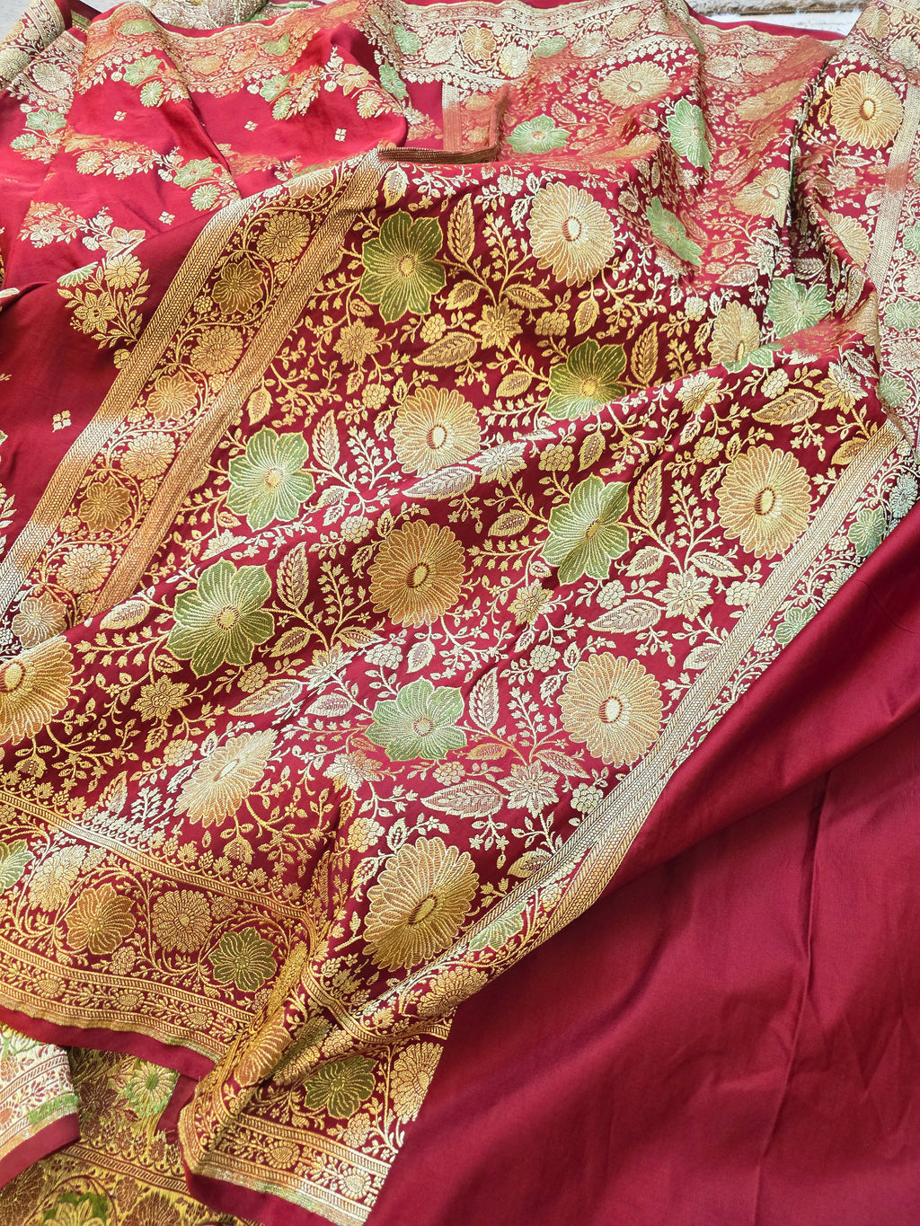 Maroon Banarasi Mashru Katan Silk Saree – Bridal Zari Weave