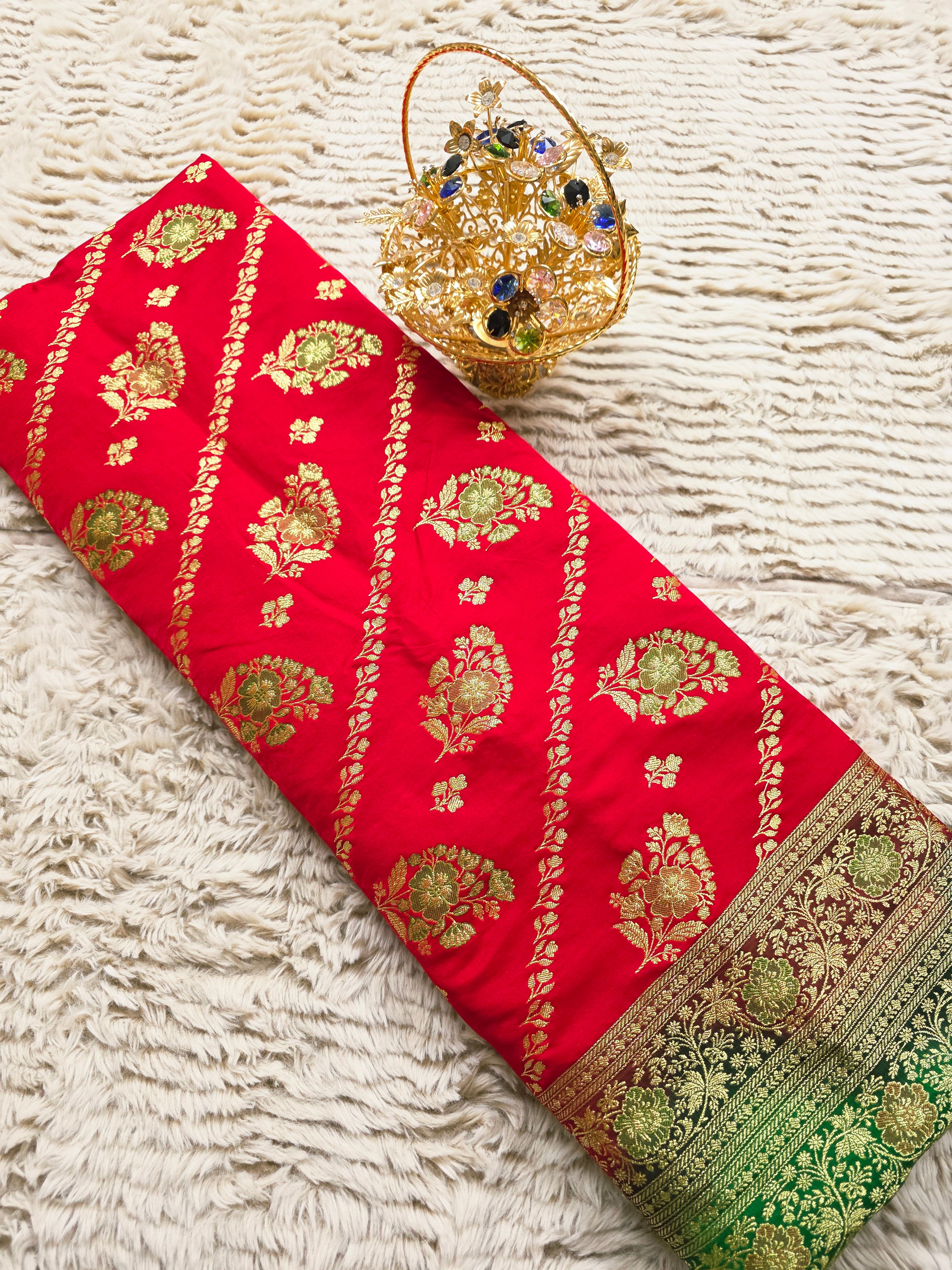 Scarlet Bloom – Red & Green Banarasi Mashru Katan Silk Saree
