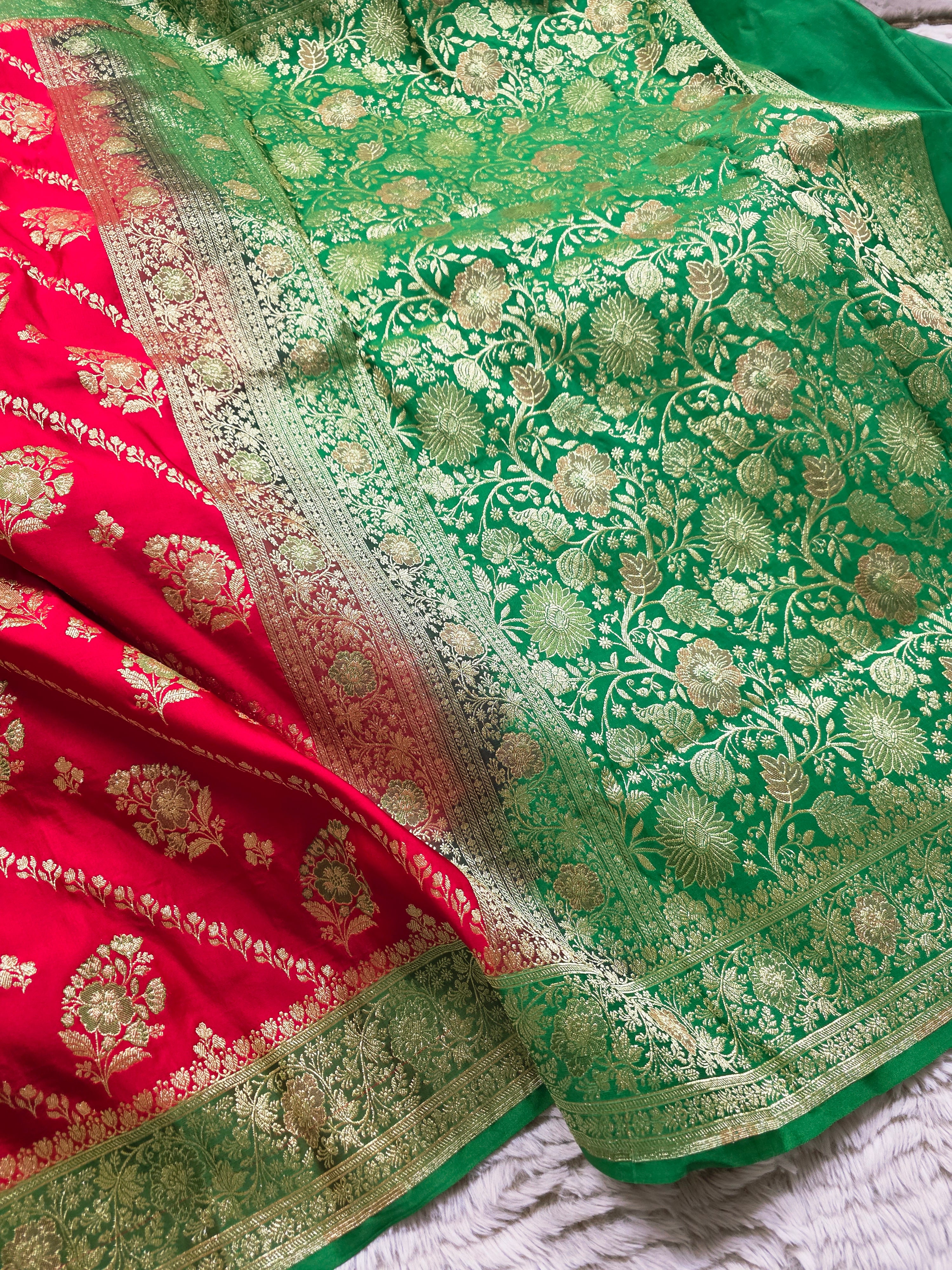 Scarlet Bloom – Red & Green Banarasi Mashru Katan Silk Saree