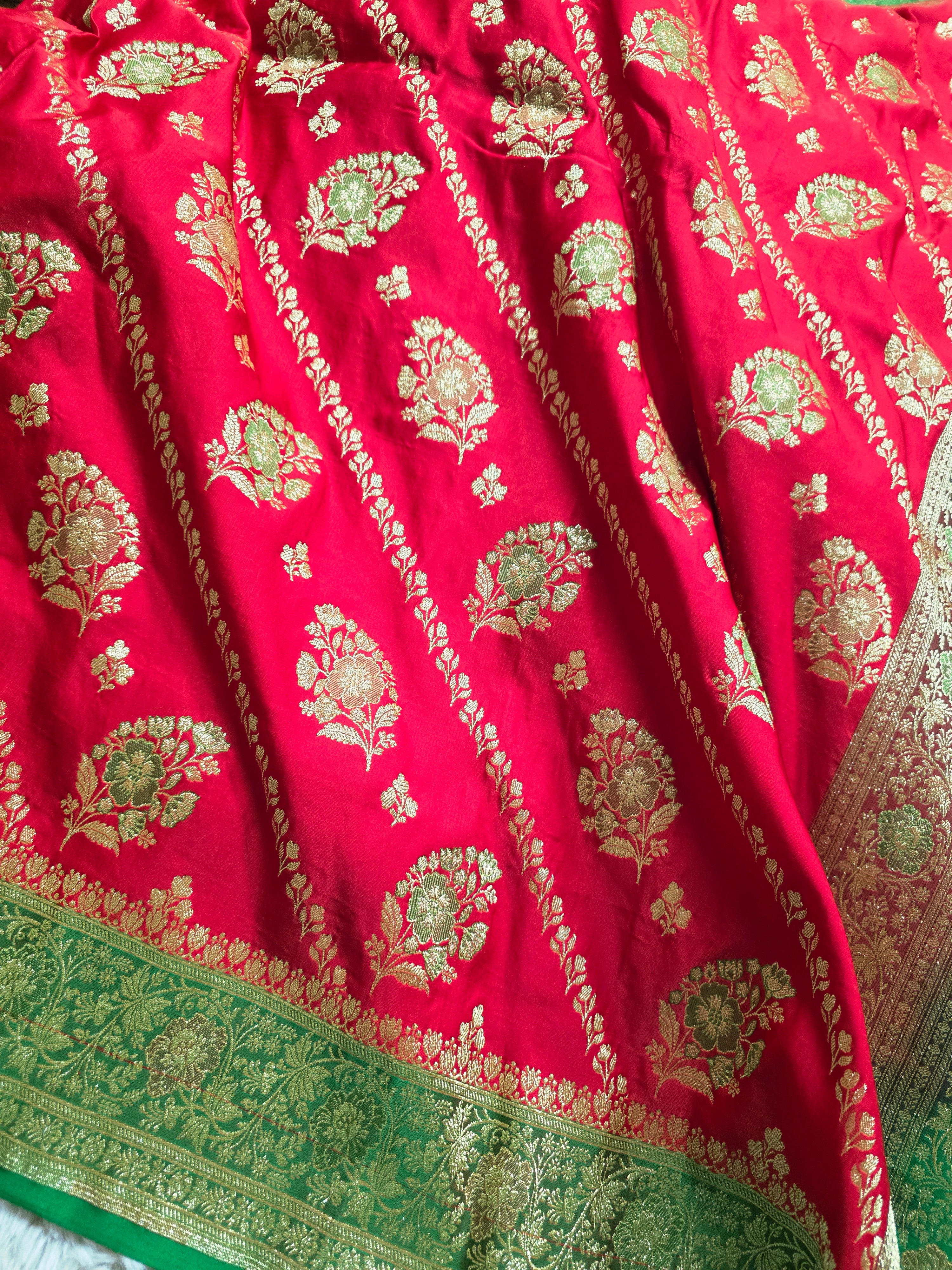 Scarlet Bloom – Red & Green Banarasi Mashru Katan Silk Saree