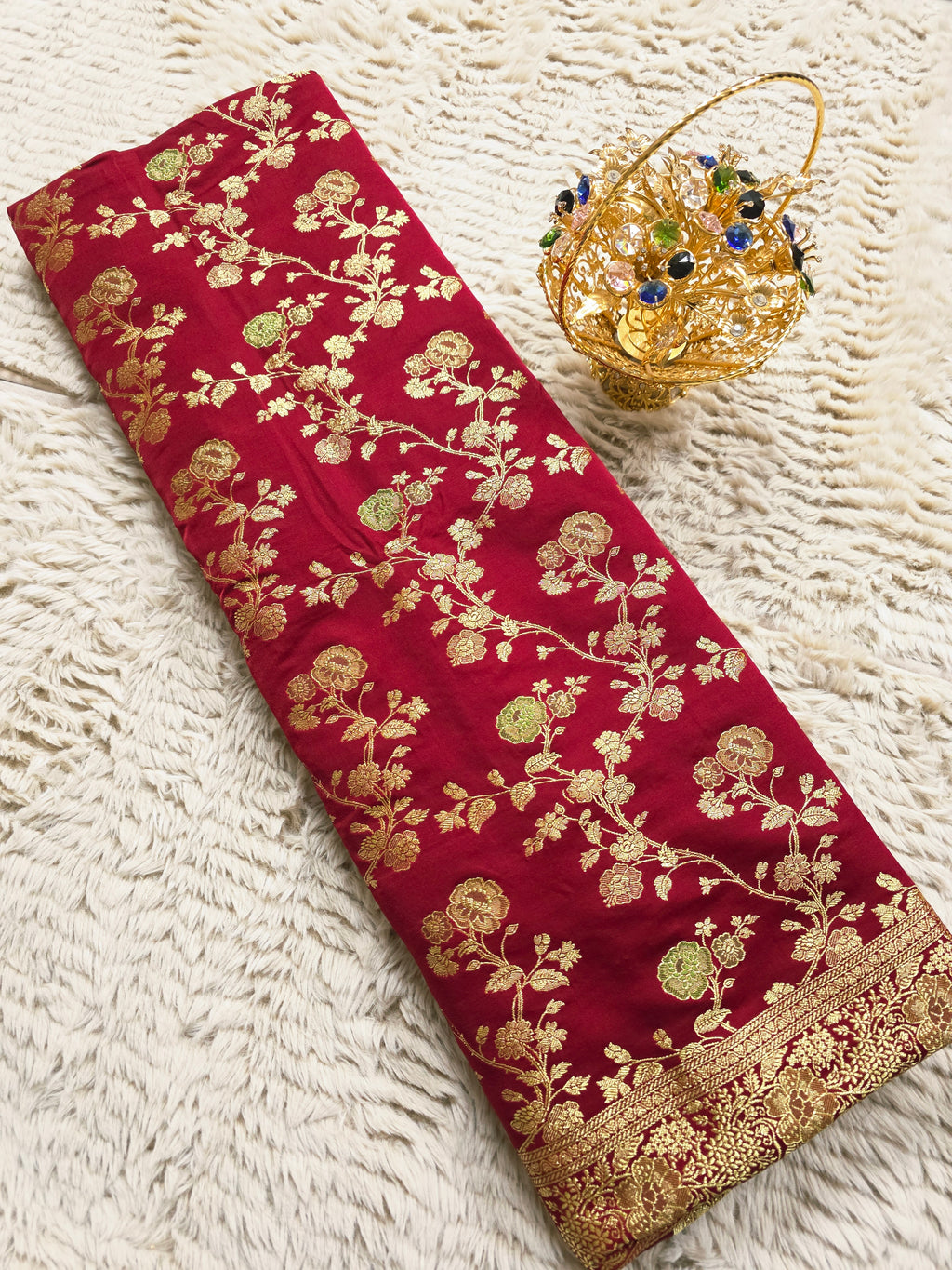 Gulzar – Maroon Banarasi Mashru Katan Silk Saree with Floral Jaal