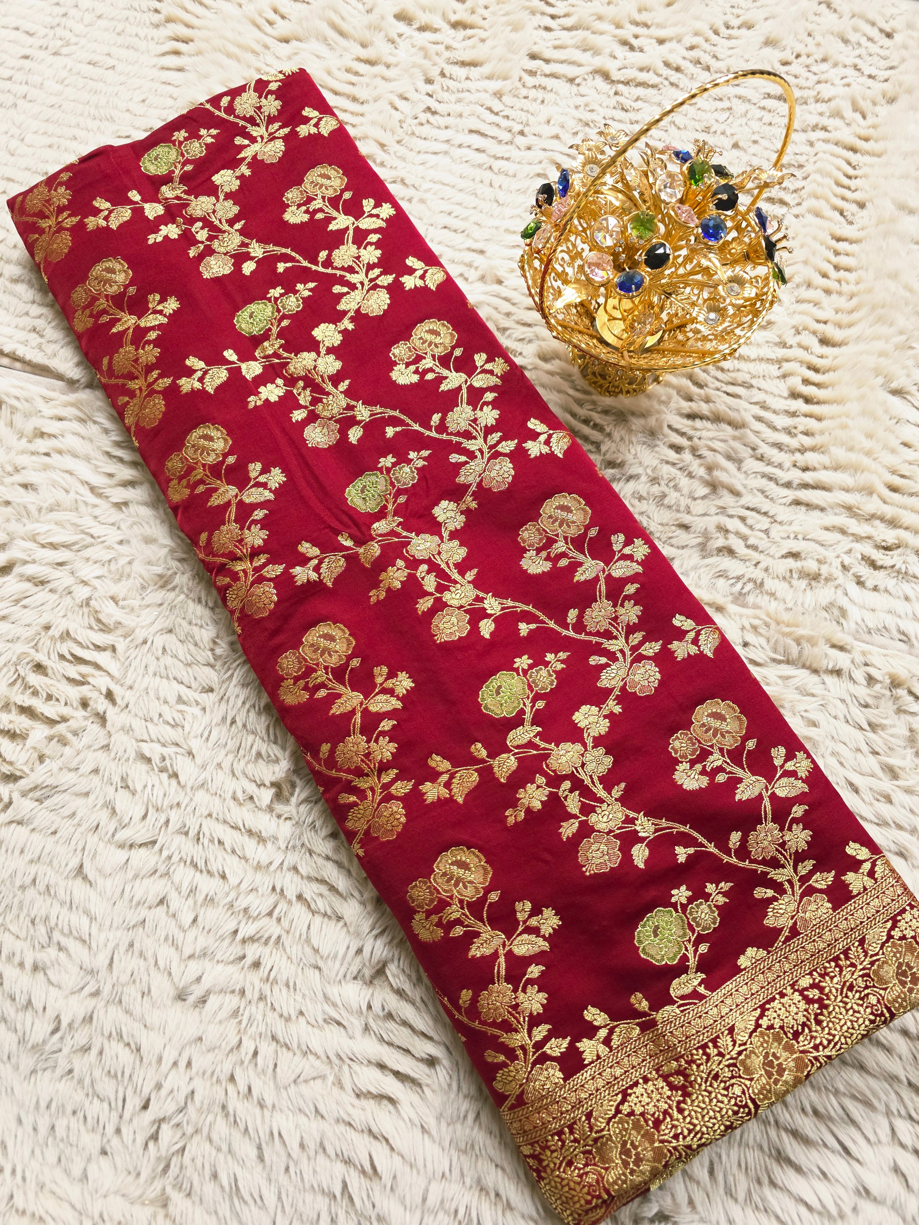 Gulzar – Maroon Banarasi Mashru Katan Silk Saree with Floral Jaal