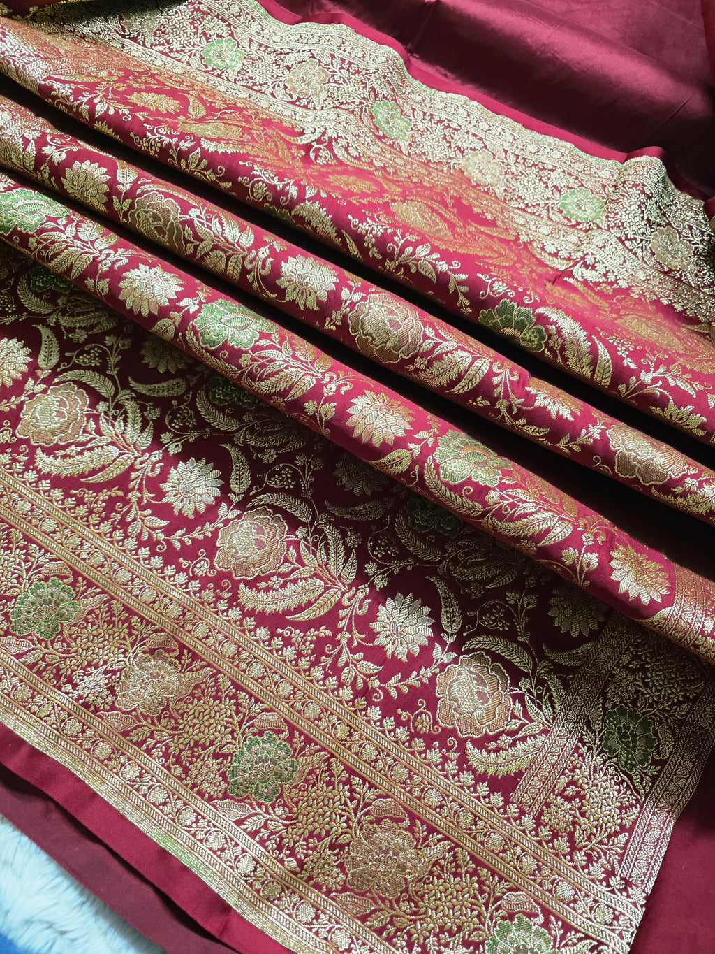 Gulzar – Maroon Banarasi Mashru Katan Silk Saree with Floral Jaal
