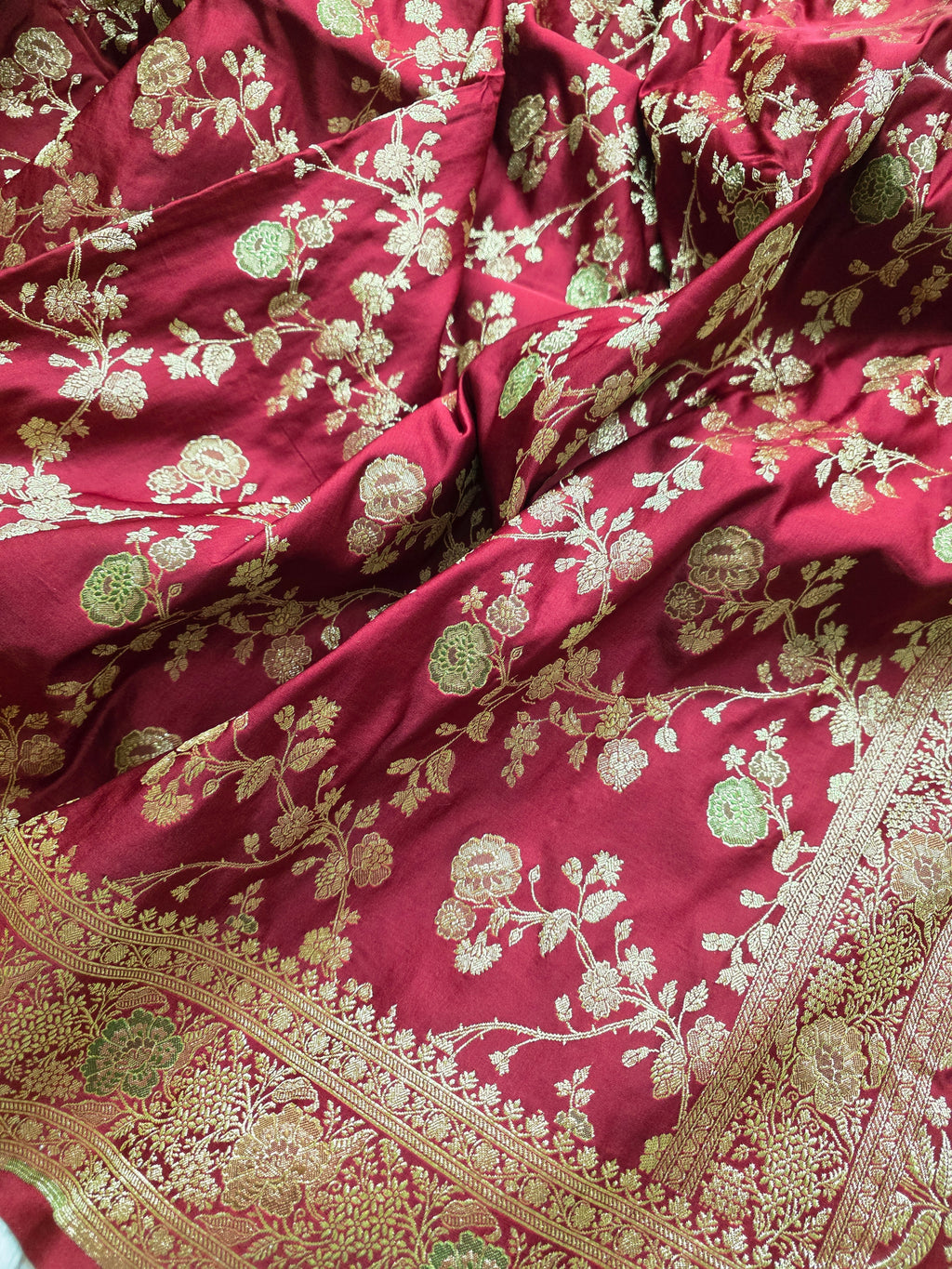 Gulzar – Maroon Banarasi Mashru Katan Silk Saree with Floral Jaal