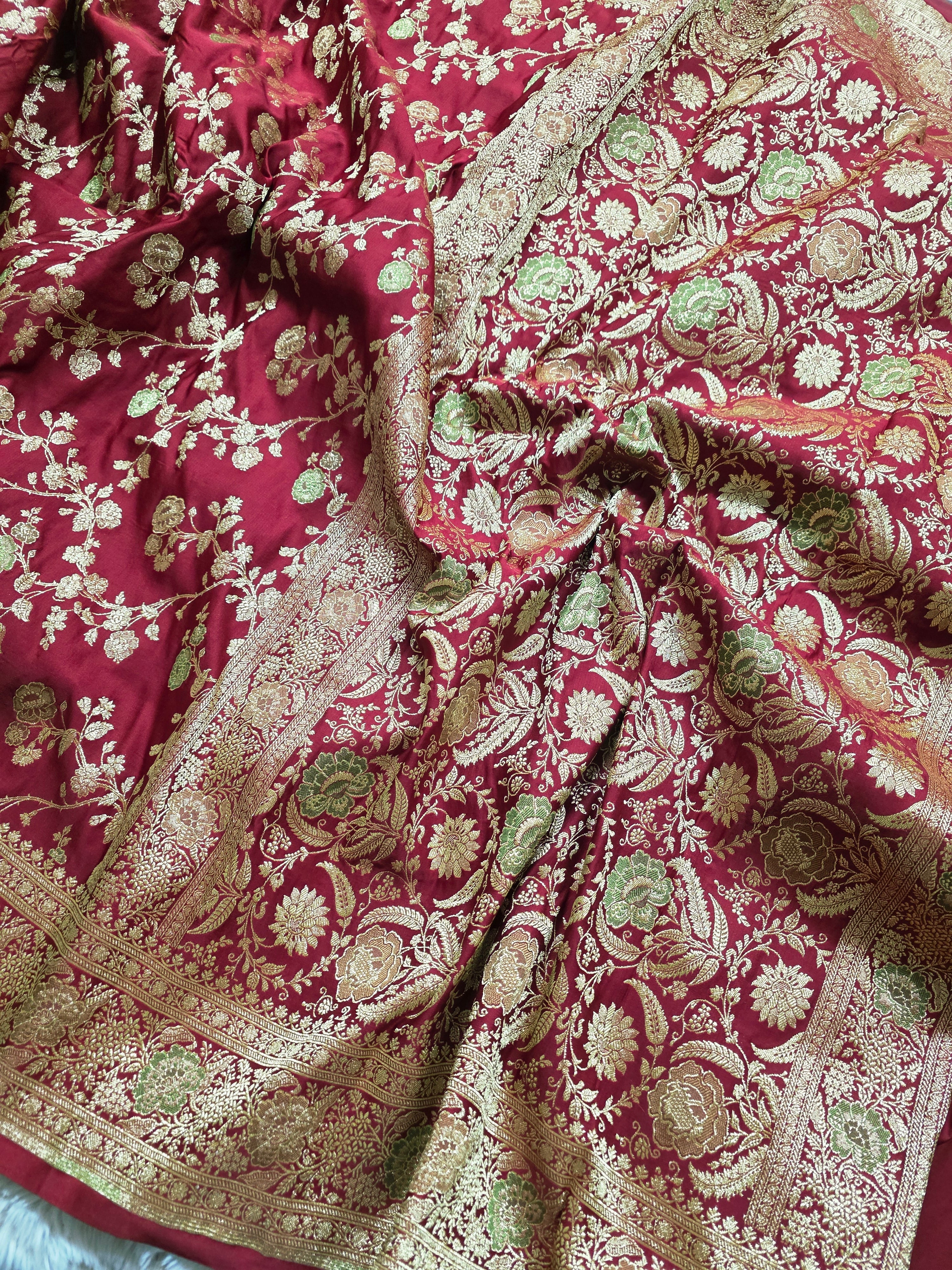 Gulzar – Maroon Banarasi Mashru Katan Silk Saree with Floral Jaal