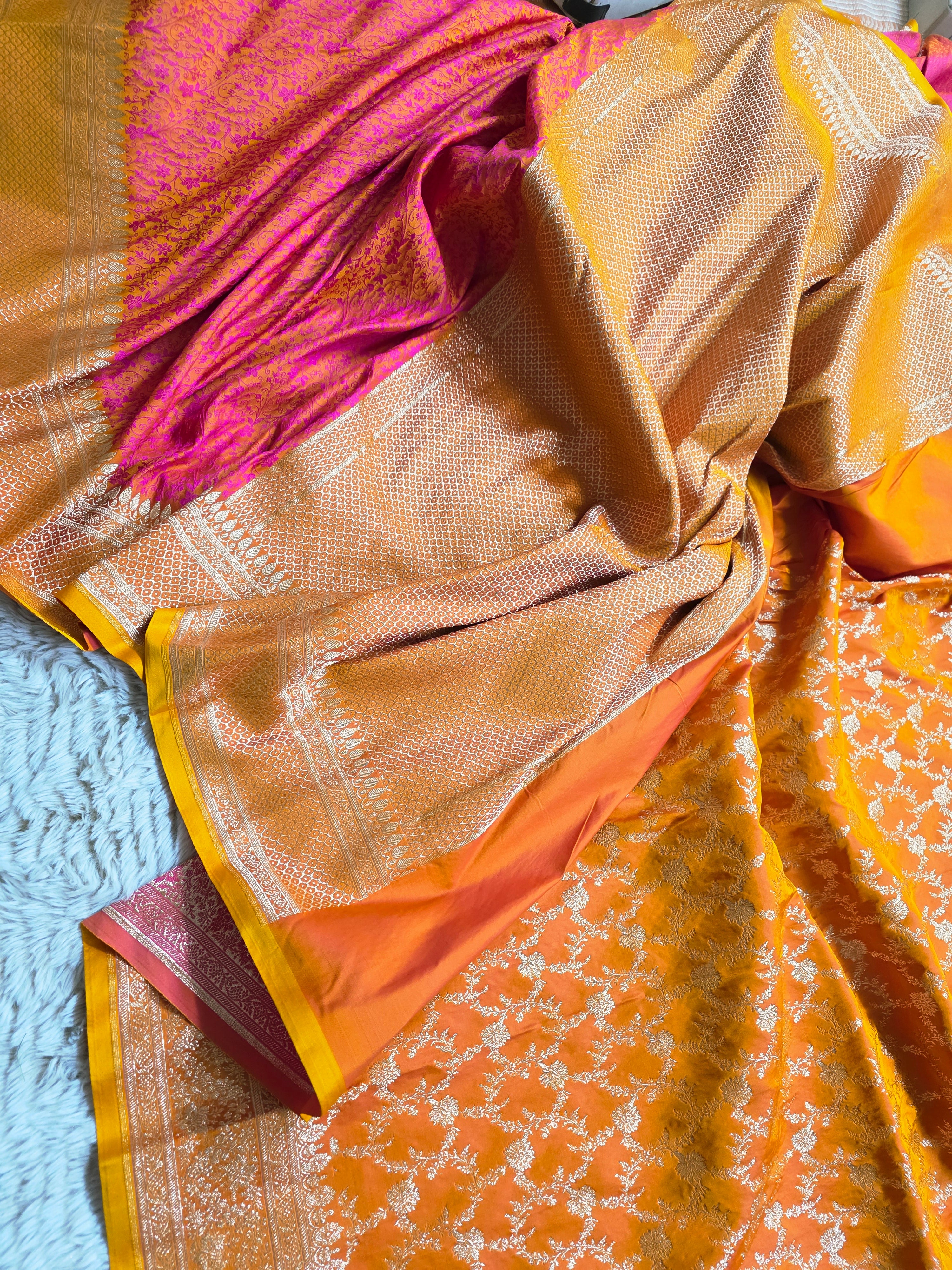 Sunset Blush – Orange & Pink Banarasi Mashru Tanchoi Silk Saree