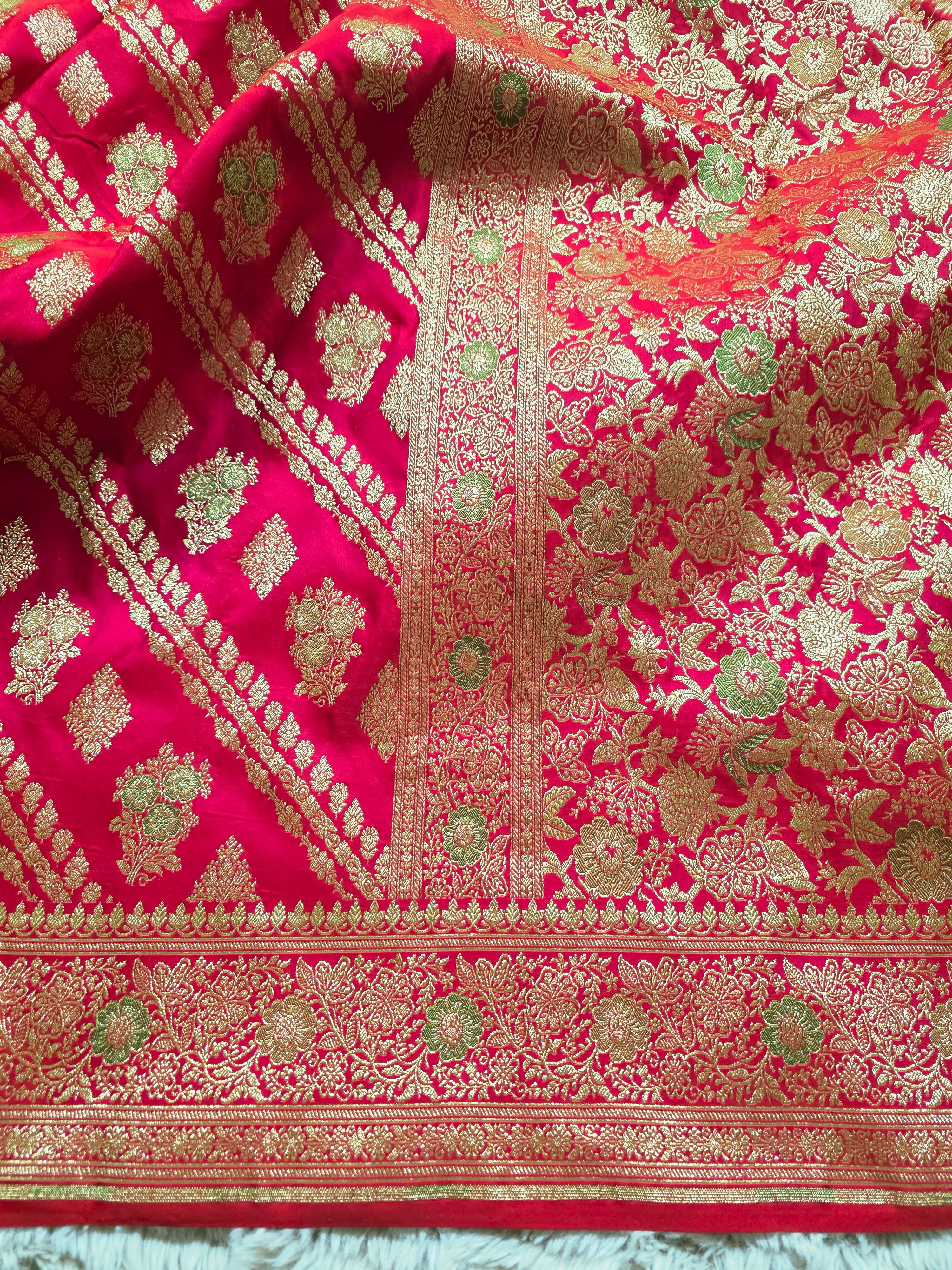 Rani Rose – Pink-Red Banarasi Mashru Katan Silk Saree