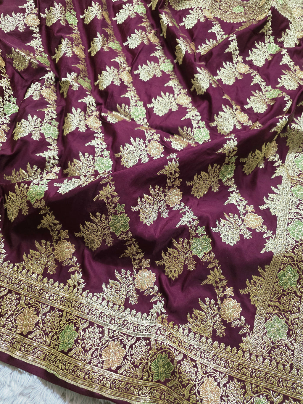 Merlot Vine – Wine Maroon Banarasi Mashru Katan Silk Saree