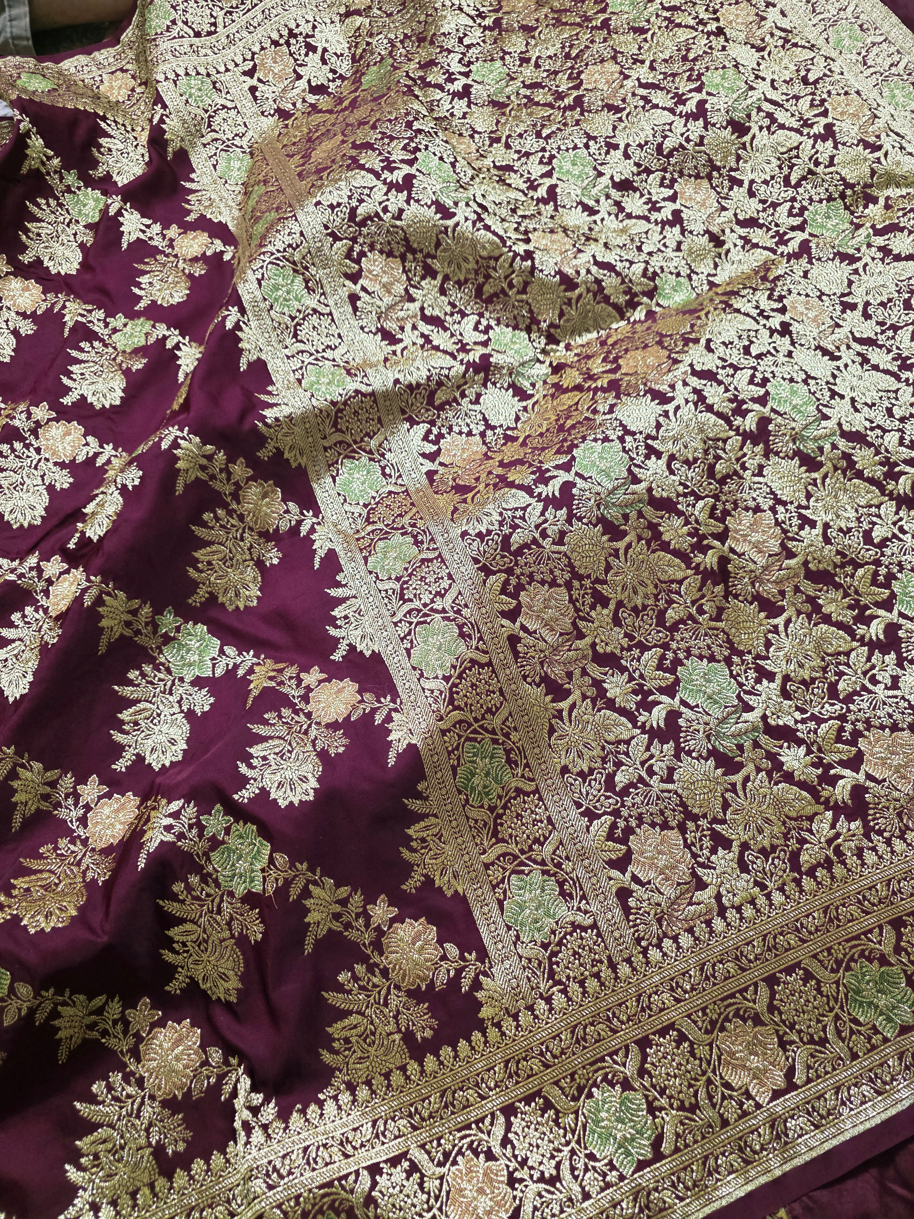 Merlot Vine – Wine Maroon Banarasi Mashru Katan Silk Saree
