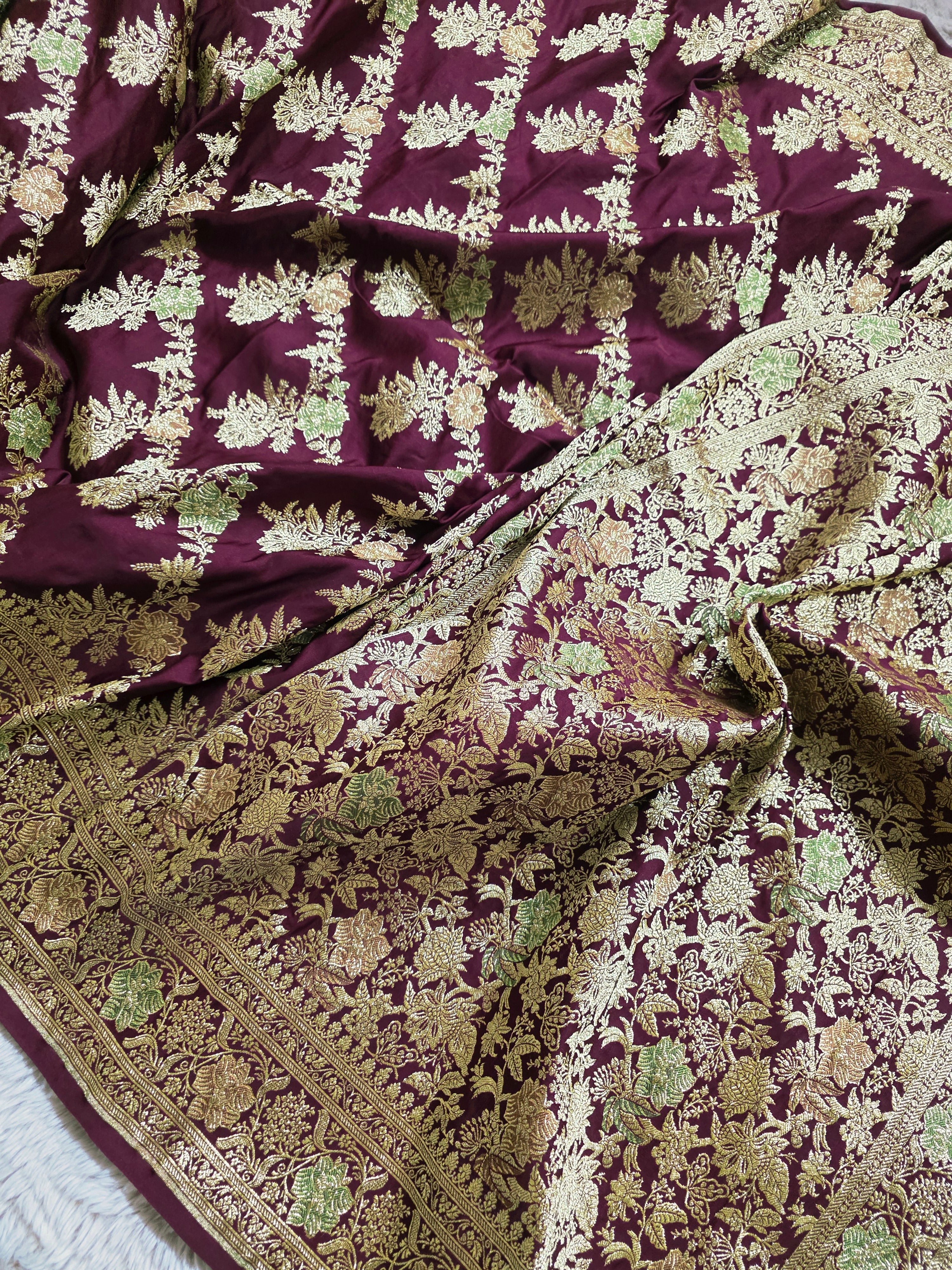 Merlot Vine – Wine Maroon Banarasi Mashru Katan Silk Saree