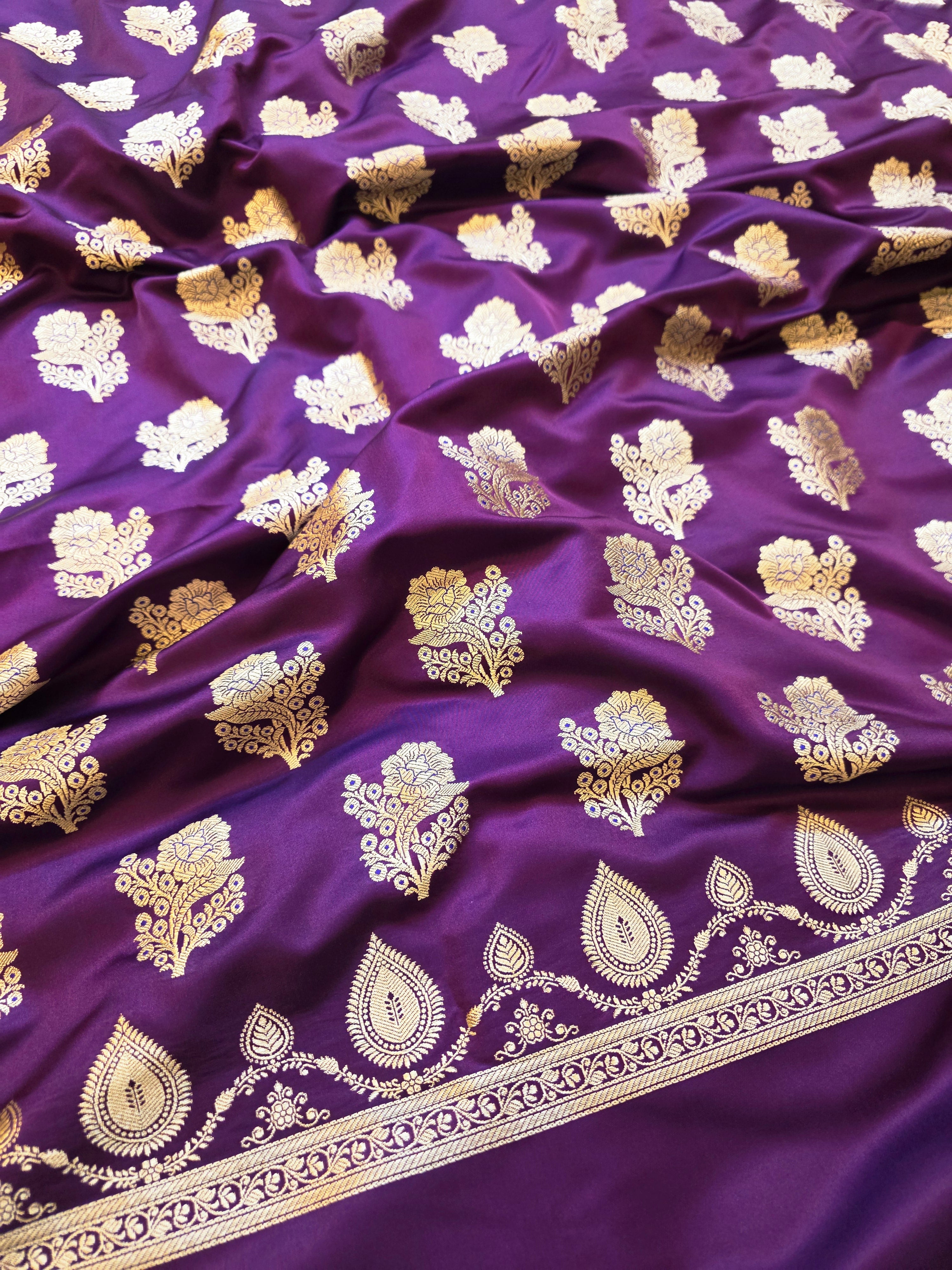 Royal Purple Banarasi Mashru Katan Silk Suit Set | Gold Paisley Booti