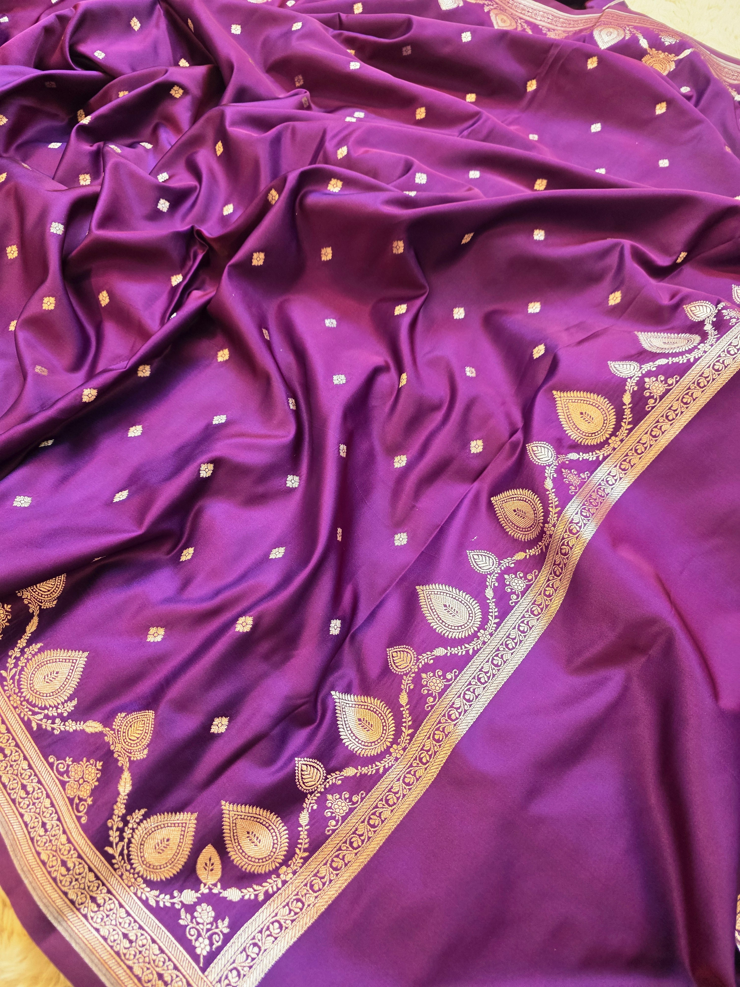 Royal Purple Banarasi Mashru Katan Silk Suit Set | Gold Paisley Booti