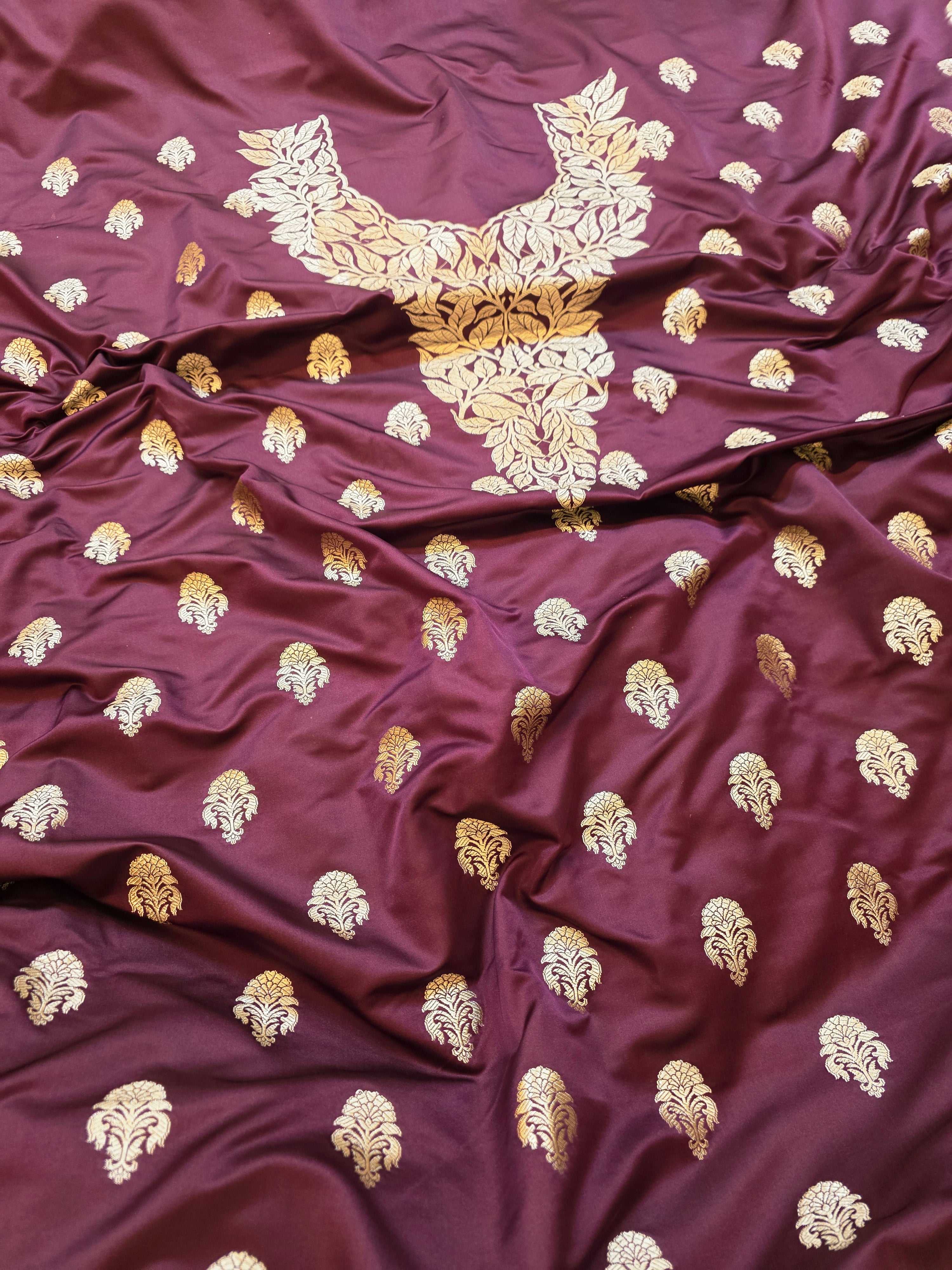 Banarasi Mashru Katan Silk Suit Set | Silver Paisley Booti