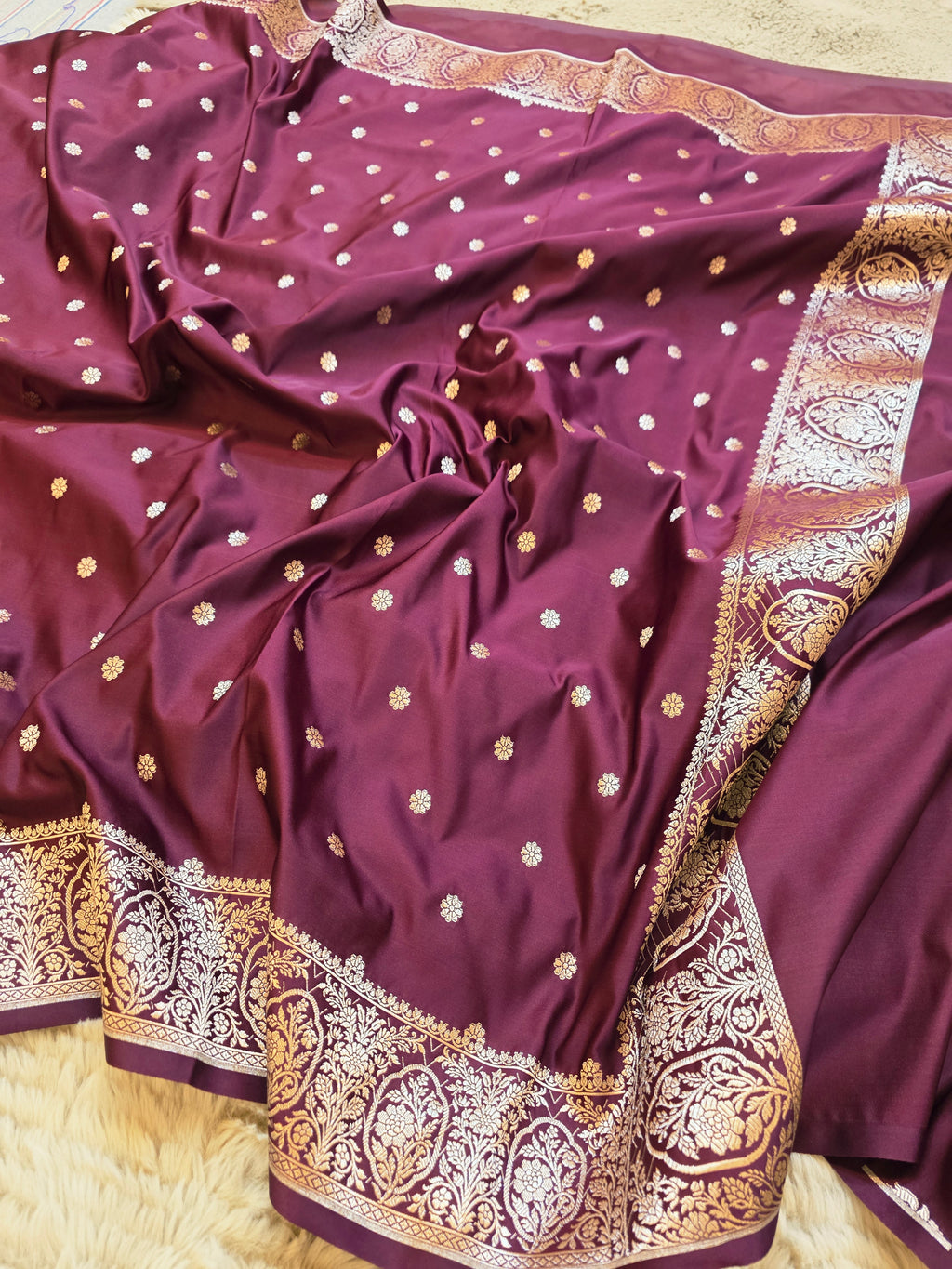 Banarasi Mashru Katan Silk Suit Set | Silver Paisley Booti