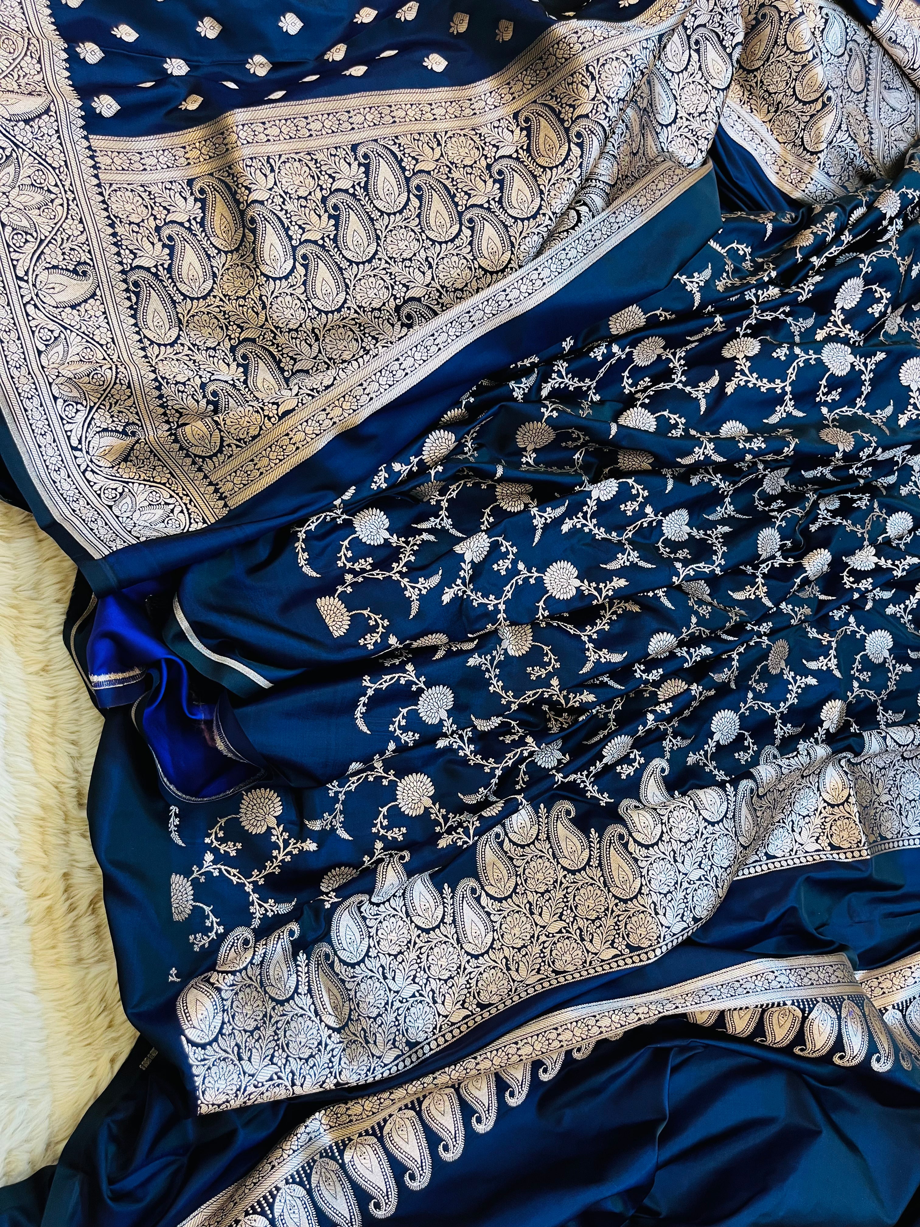 Royal Navy Banarasi Mashru Katan Silk Suit Set | Silver Floral Jaal