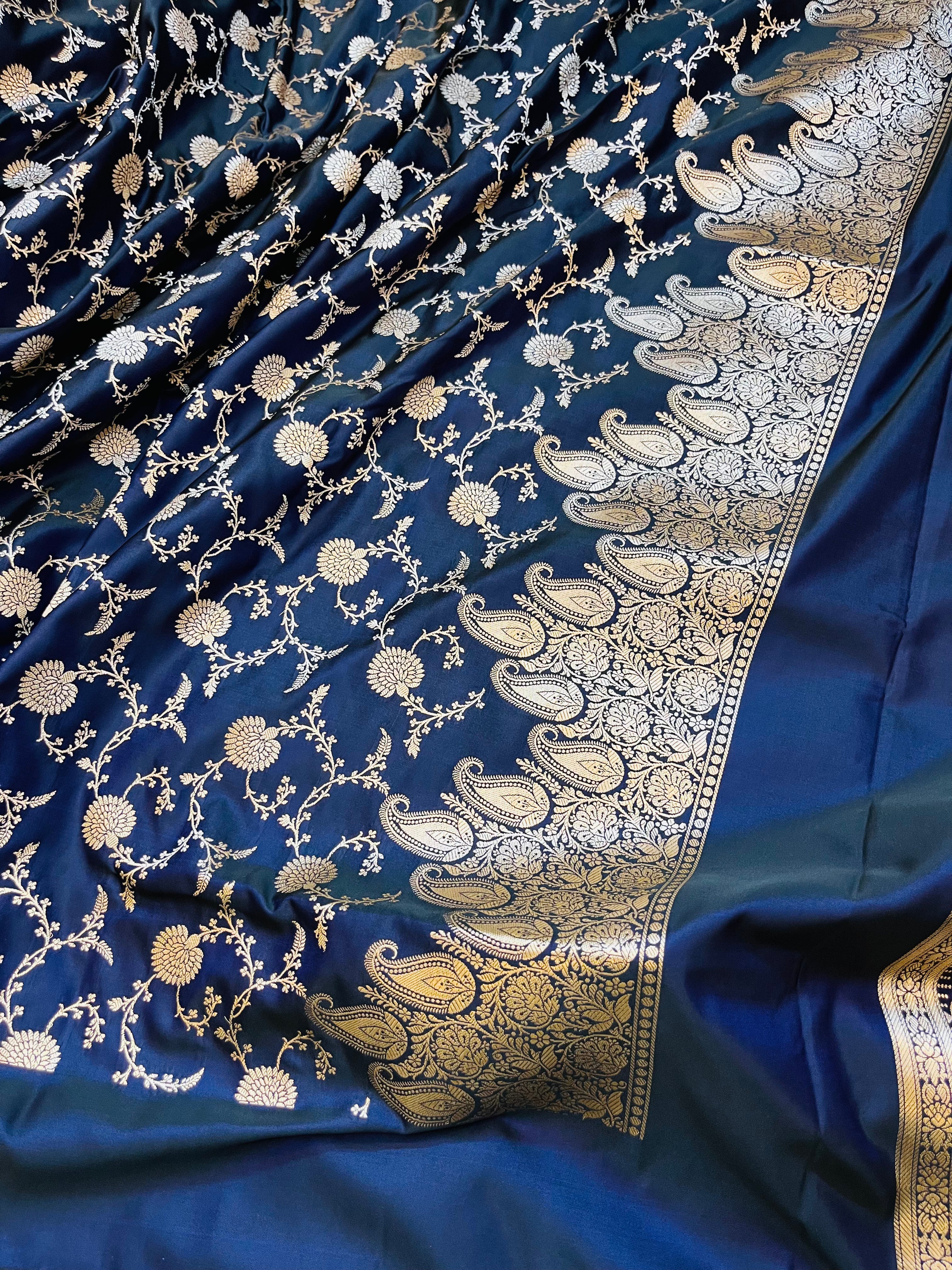 Royal Navy Banarasi Mashru Katan Silk Suit Set | Silver Floral Jaal