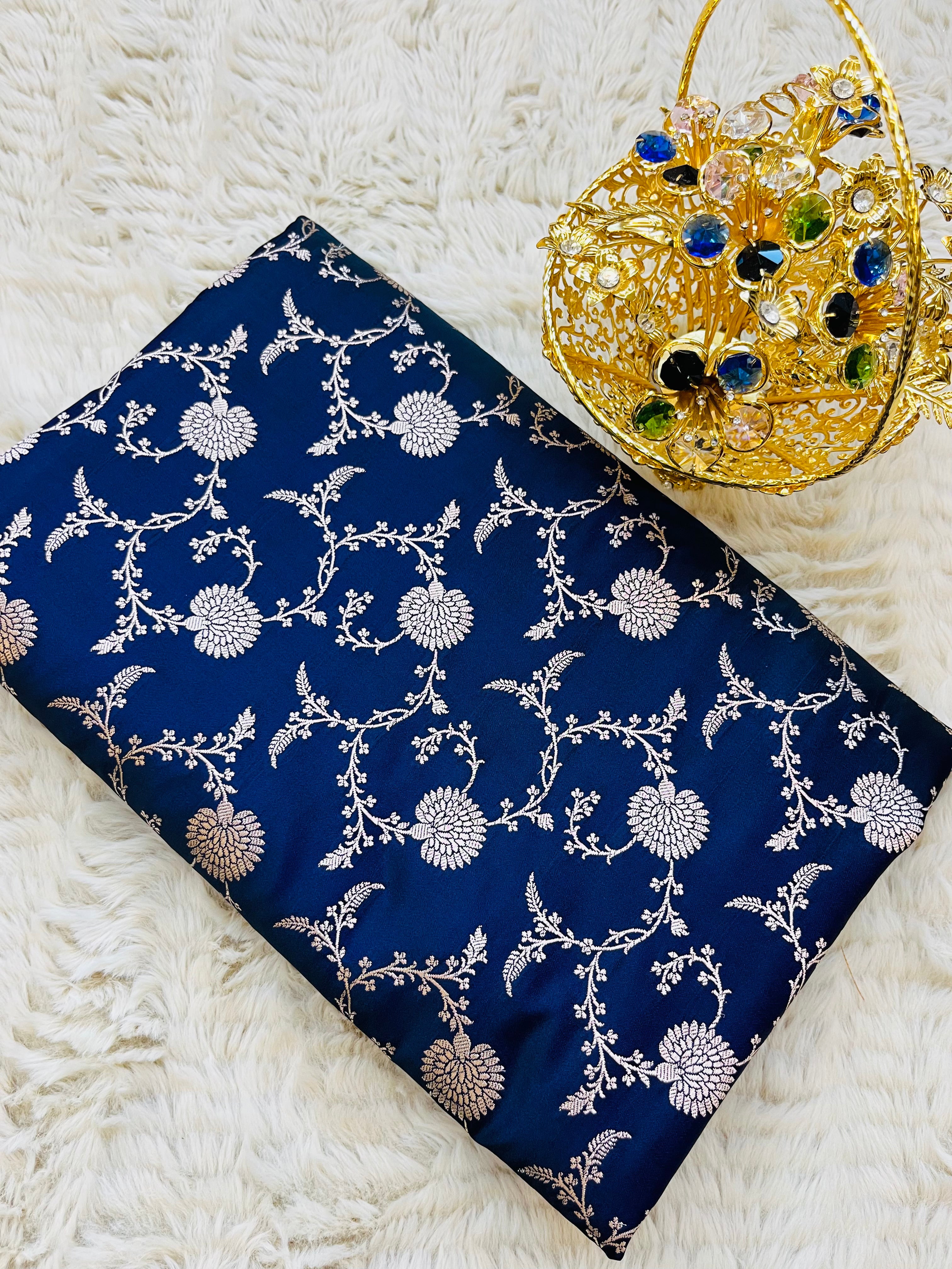 Royal Navy Banarasi Mashru Katan Silk Suit Set | Silver Floral Jaal