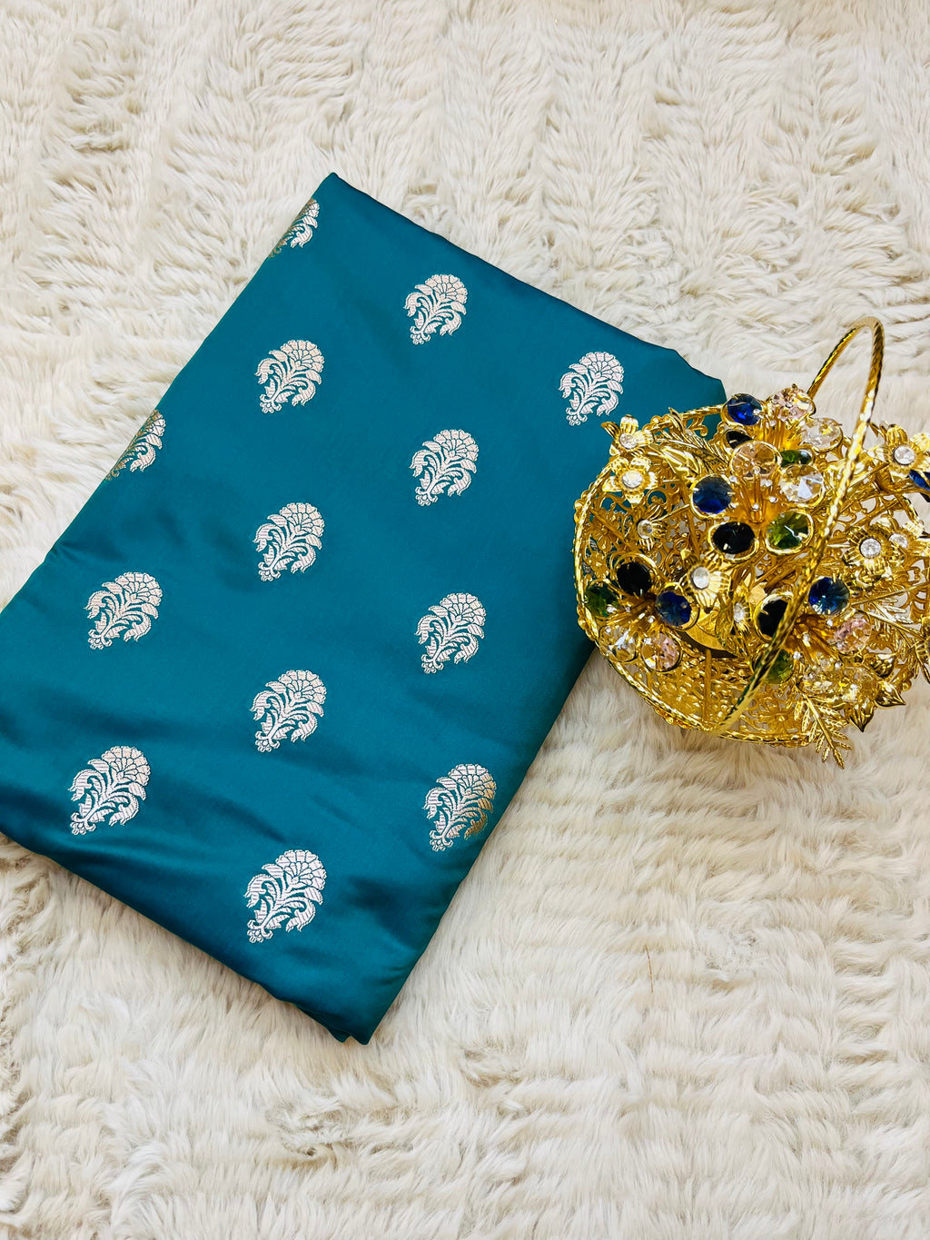Banarasi Mashru Katan Silk Suit Set | Silver Paisley Booti
