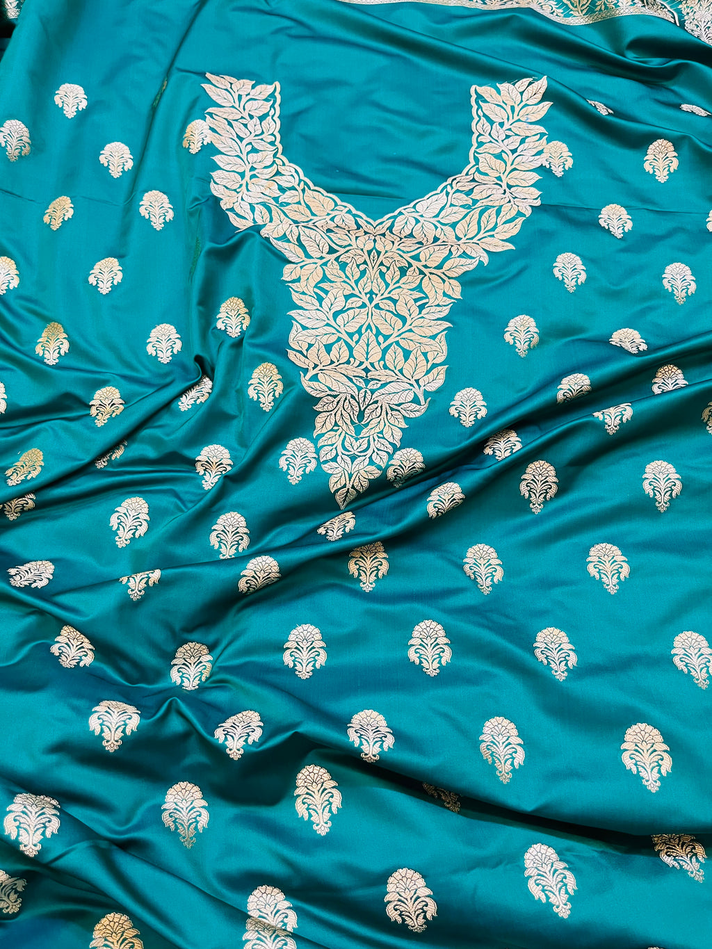 Banarasi Mashru Katan Silk Suit Set | Silver Paisley Booti