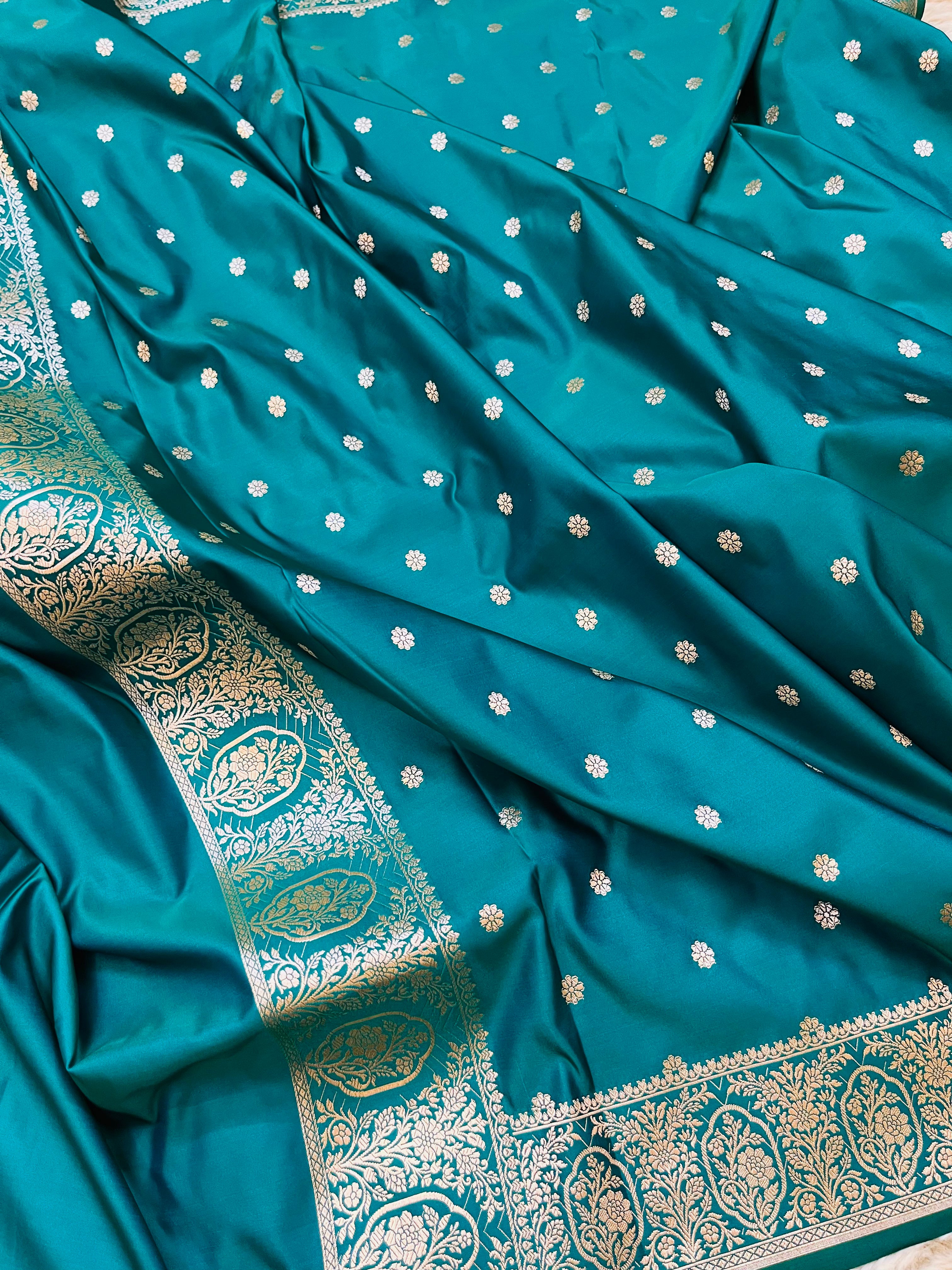 Banarasi Mashru Katan Silk Suit Set | Silver Paisley Booti