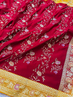 Crimson Meadow – Red Banarasi Mashru Katan Silk Saree