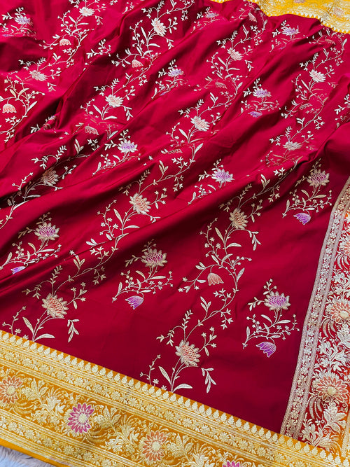 Crimson Meadow – Red Banarasi Mashru Katan Silk Saree
