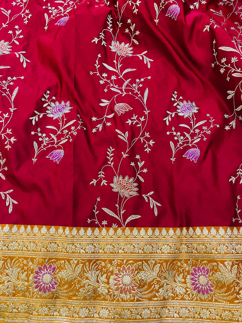 Crimson Meadow – Red Banarasi Mashru Katan Silk Saree