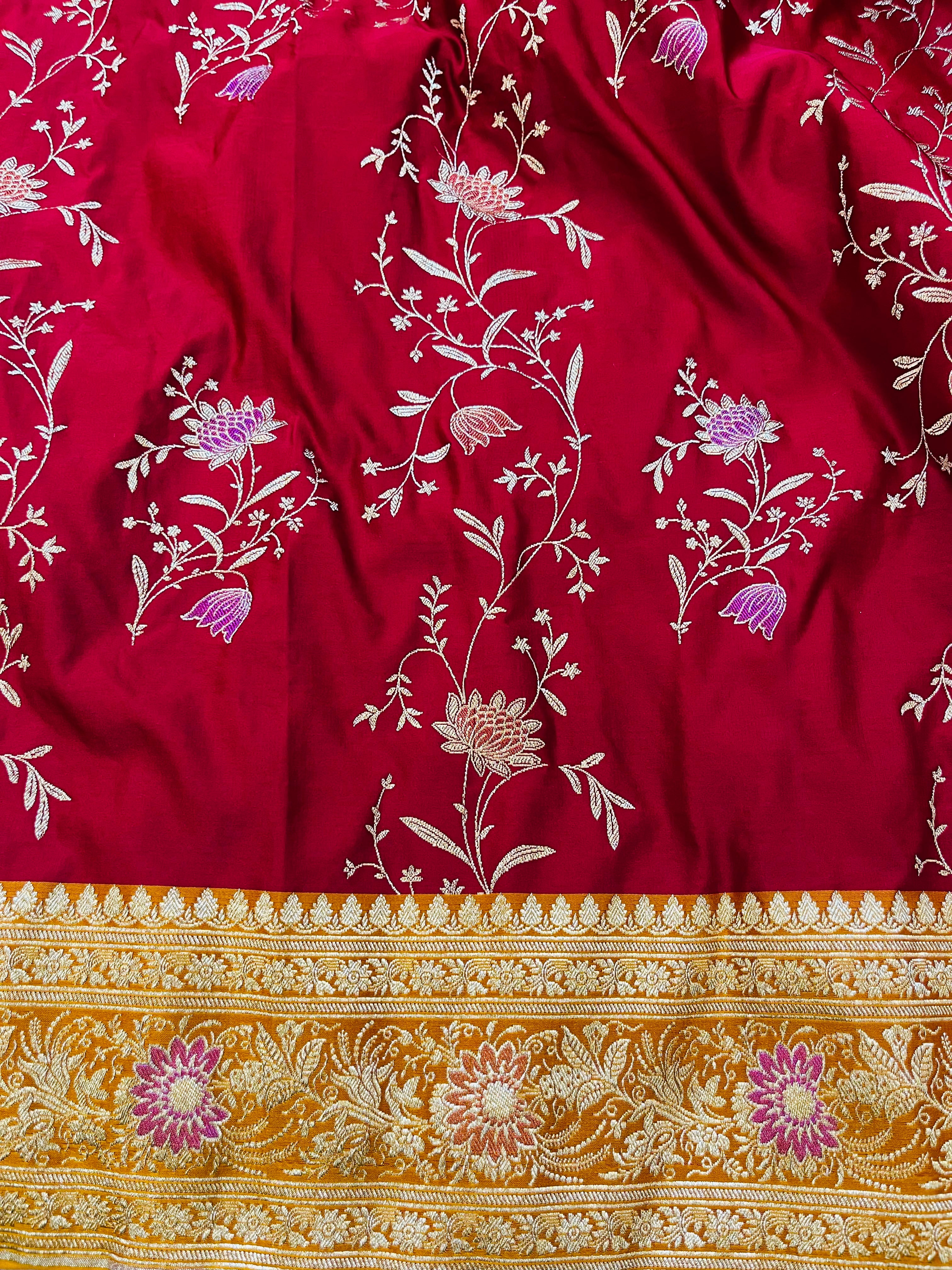 Crimson Meadow – Red Banarasi Mashru Katan Silk Saree